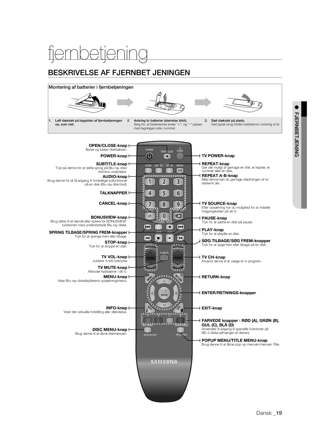 Samsung BD-P1620/XEE manual Fjernbetjening, Beskrivelse af fjernbet jeningen, Montering af batterier i fjernbetjeningen 