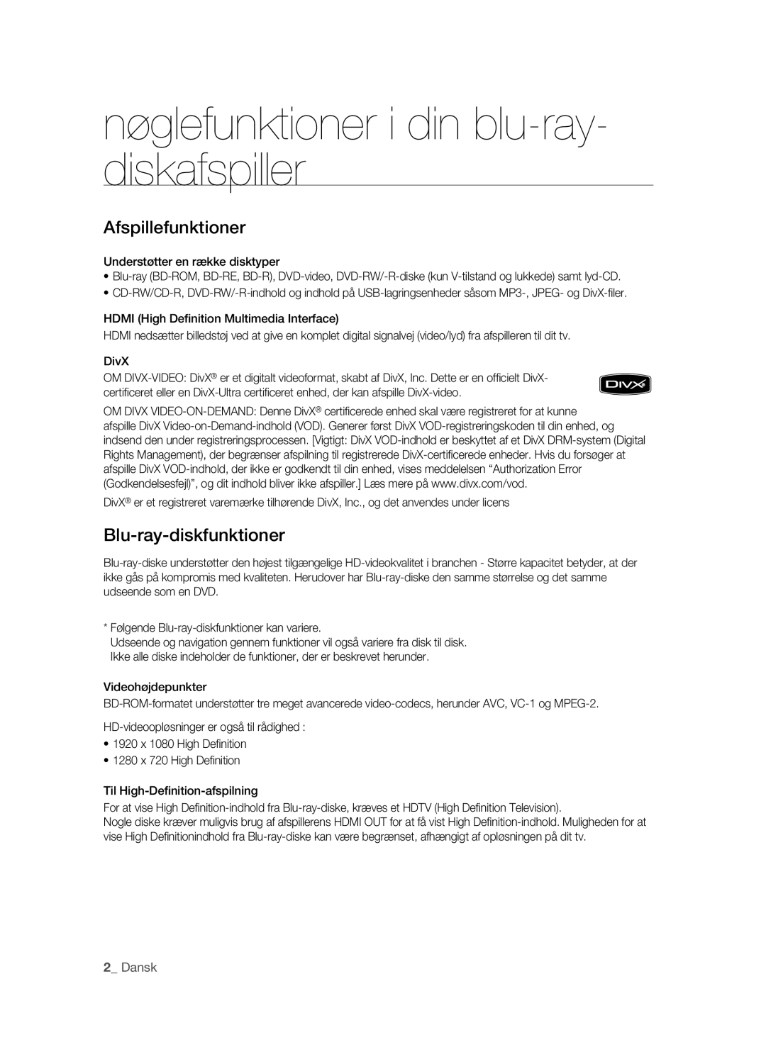 Samsung BD-P1620/XEE Nøglefunktioner i din blu-ray- diskafspiller, Afspillefunktioner, Blu-ray-diskfunktioner,  Dansk 