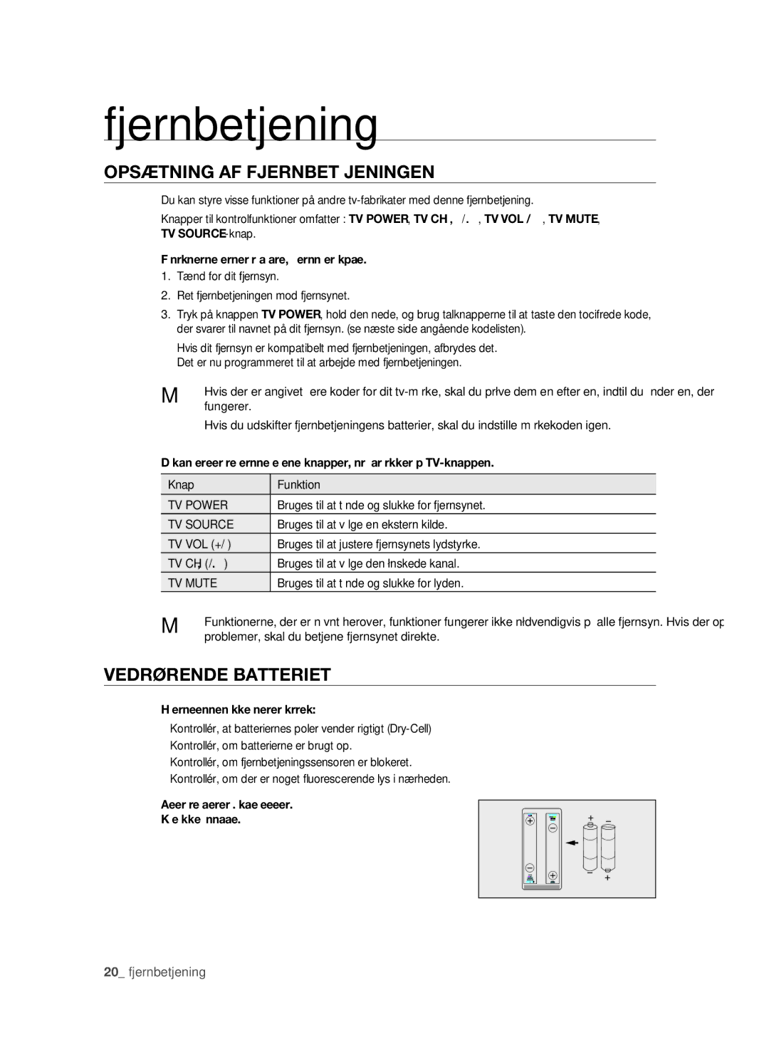 Samsung BD-P1620/XEE manual OPsÆTNING AF FjerNBeT jeNINGeN, VeDrØreNDe BATTerIeT, 0 fjernbetjening 