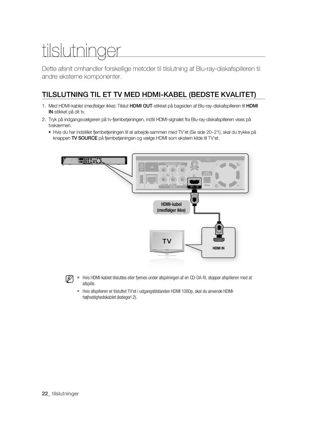 Samsung BD-P1620/XEE manual Tilslutninger, Tilslutning til et tv med HDMI-kabel Bedste Kvalitet 