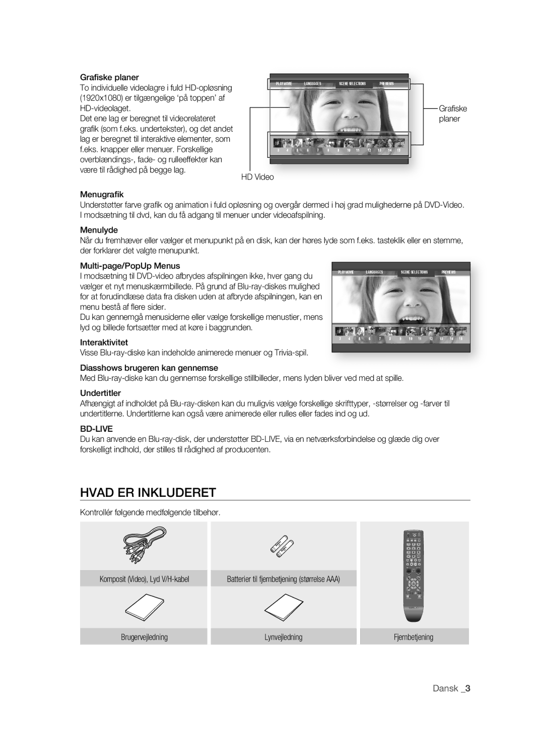 Samsung BD-P1620/XEE manual Hvad er INKlUDereT, Dansk 