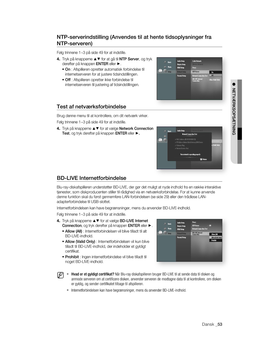 Samsung BD-P1620/XEE manual Test af netværksforbindelse, BD-lIVe Internetforbindelse 