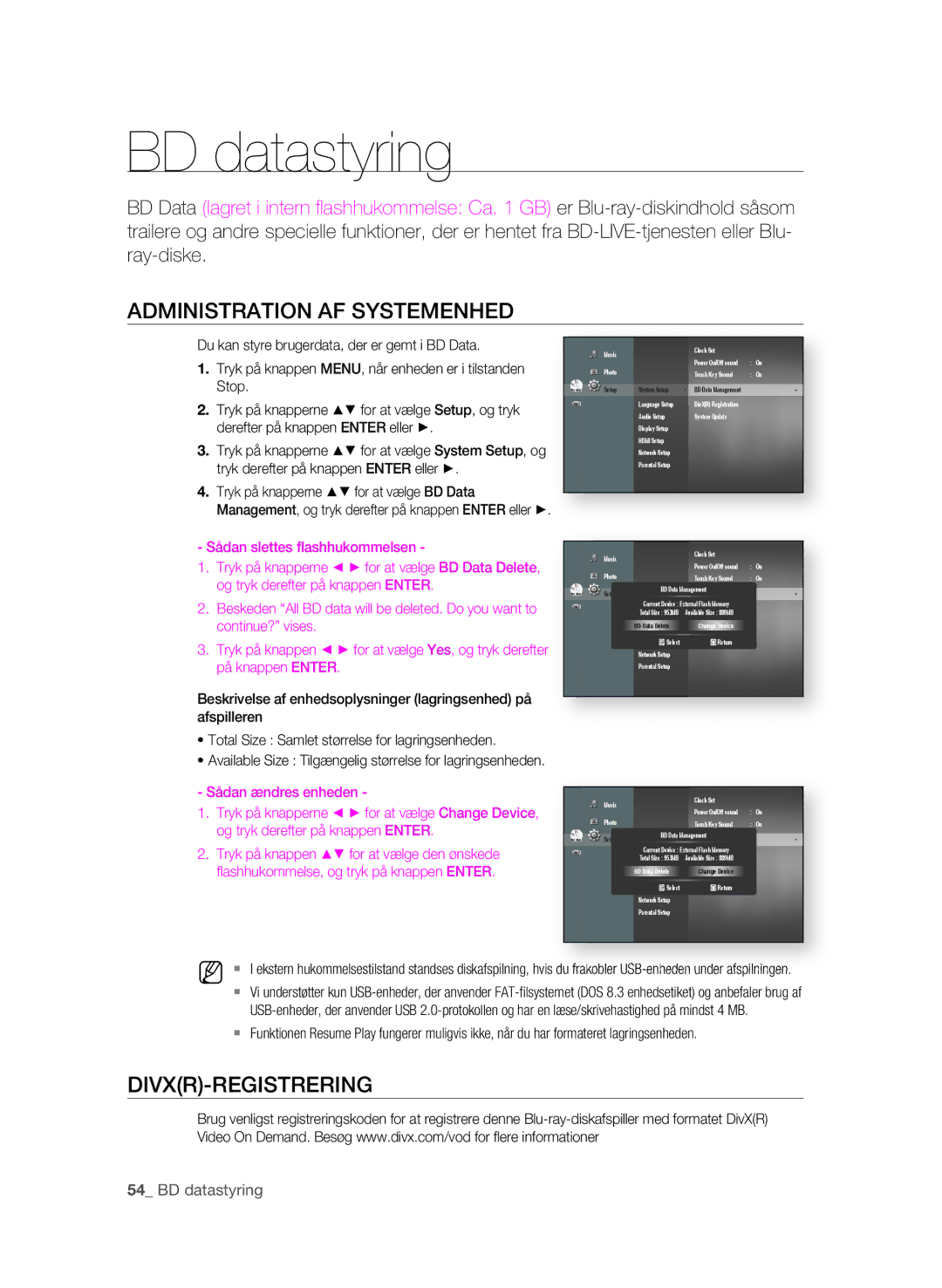 Samsung BD-P1620/XEE manual ADMINIsTrATION AF sysTeMeNHeD, DIVXr-reGIsTrerING,  BD datastyring 