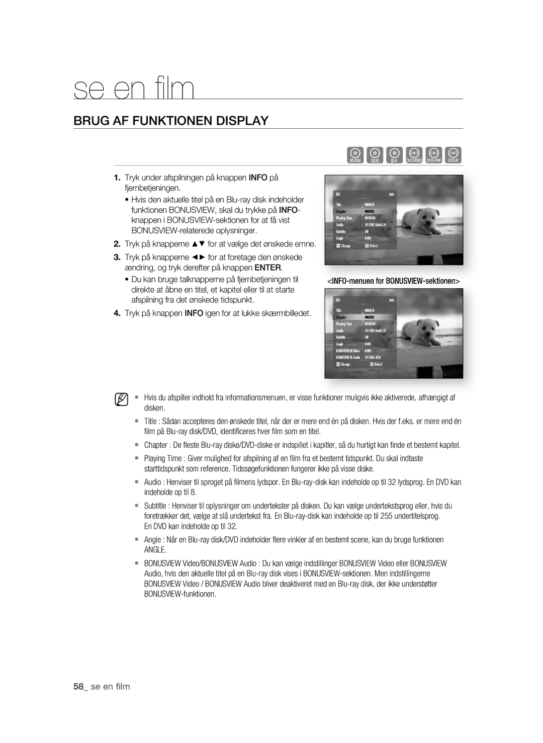 Samsung BD-P1620/XEE manual Se en ﬁ lm, BrUG AF FUNKTIONeN DIsPlAy,  se en fi lm, Angle 