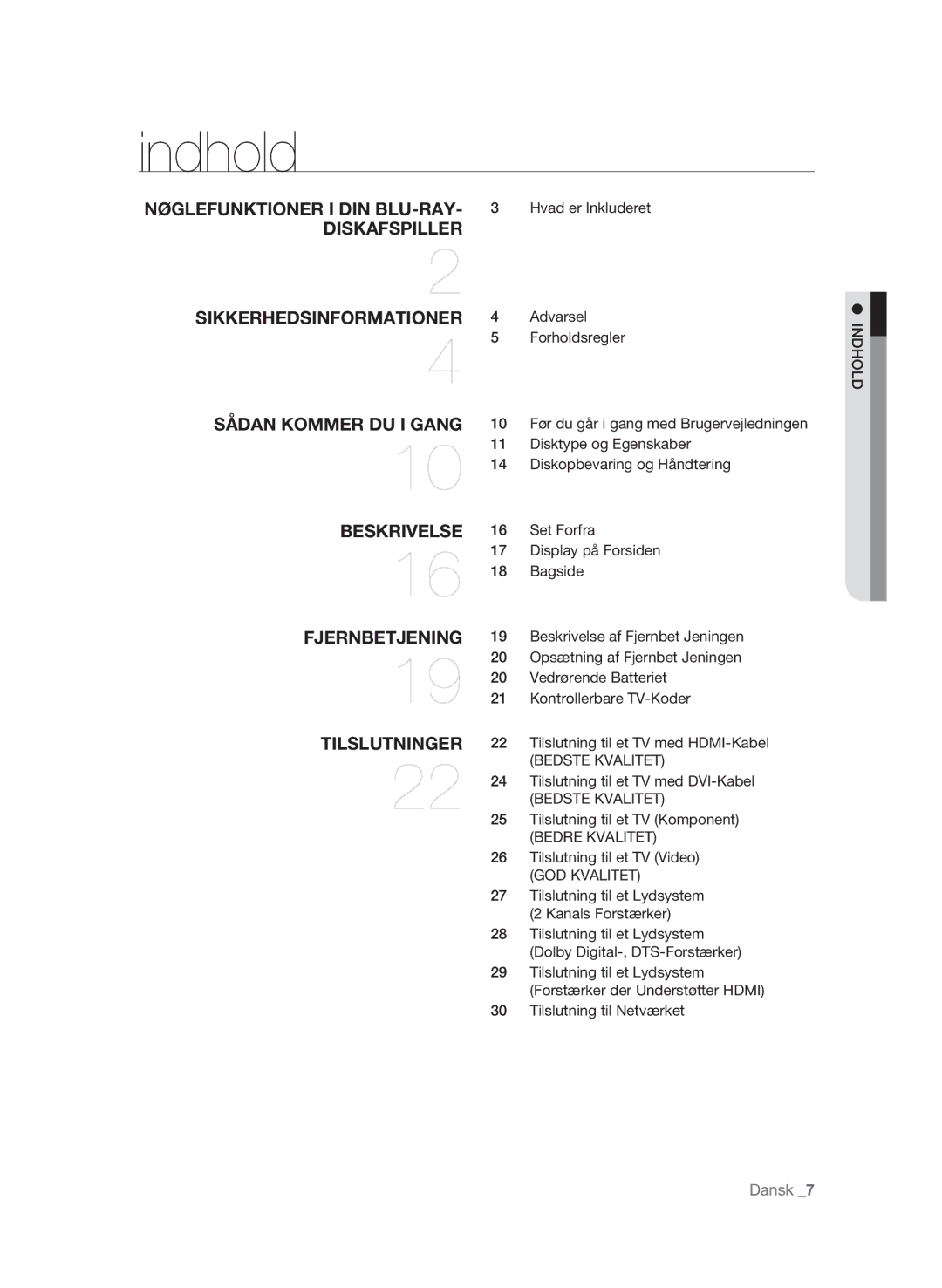 Samsung BD-P1620/XEE manual Indhold, Bedste Kvalitet, Bedre Kvalitet, GOD Kvalitet 