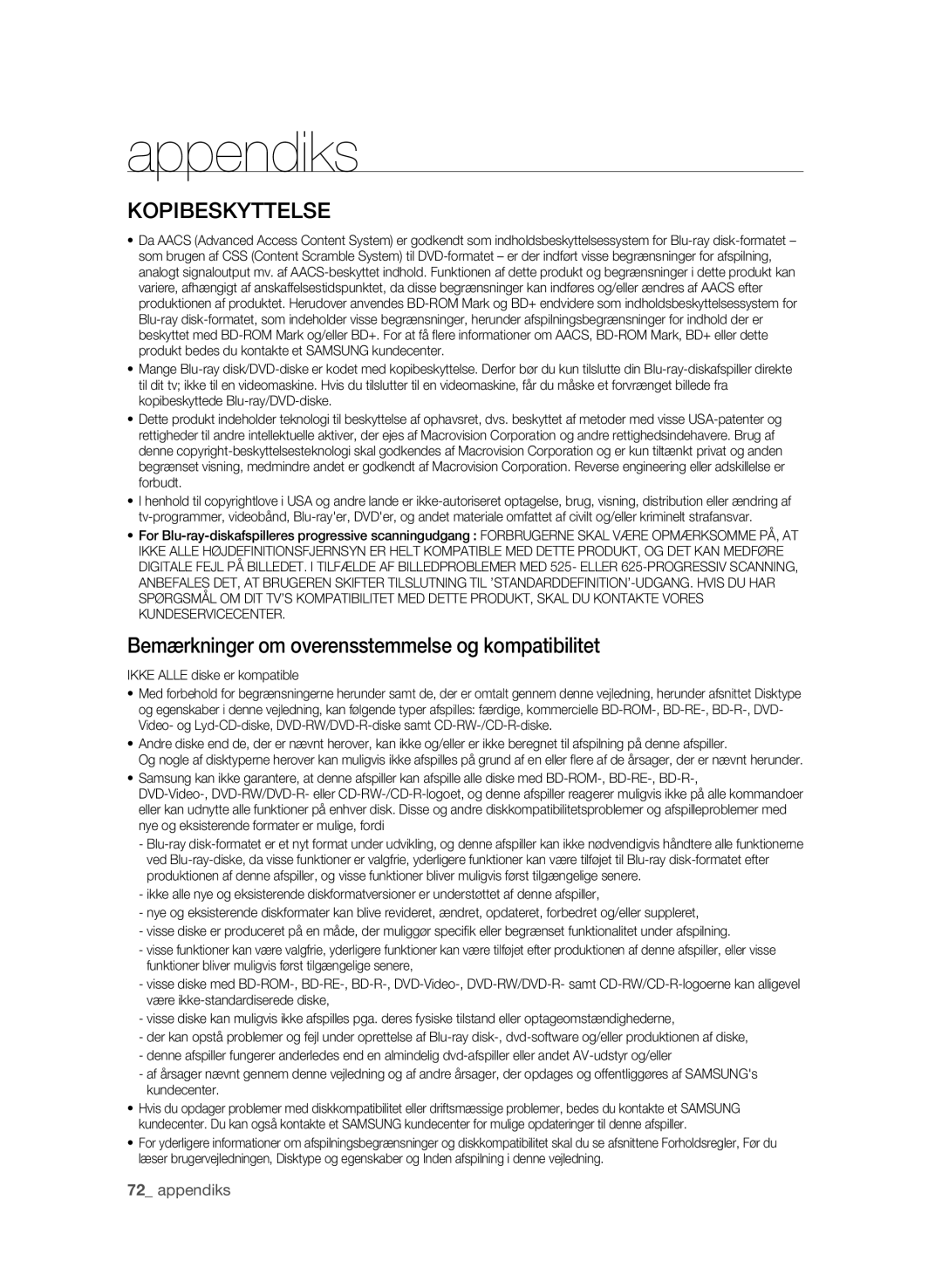 Samsung BD-P1620/XEE manual Kopibeskyttelse, Bemærkninger om overensstemmelse og kompatibilitet 