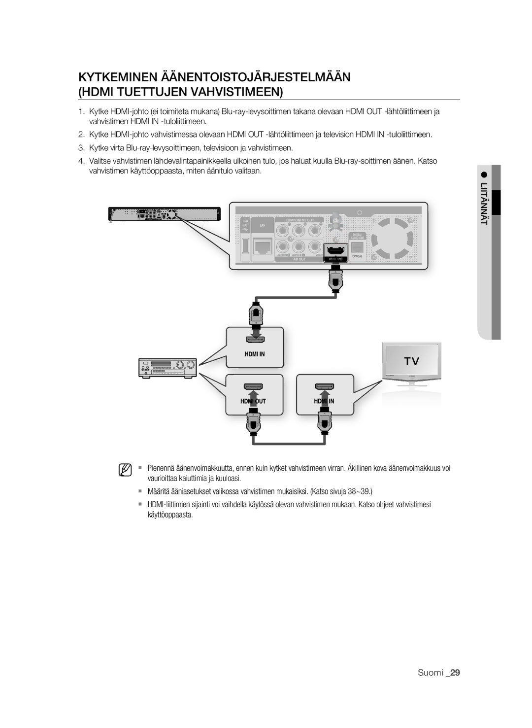 Samsung BD-P1620/XEE manual Vahvistimen käyttöoppaasta, miten äänitulo valitaan, Liitännät 