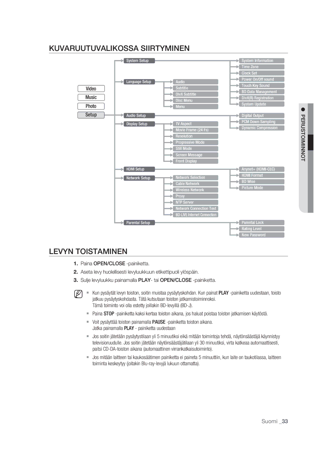 Samsung BD-P1620/XEE manual Levyn toistaminen, Tämä toiminto voi olla estetty joillakin BD-levyillä BD-J, Perustoiminnot 