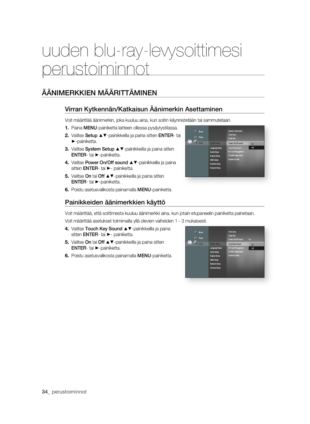 Samsung BD-P1620/XEE manual ÄÄNIMErKKIEN MÄÄrITTÄMINEN, Virran Kytkennän/Katkaisun Äänimerkin asettaminen 