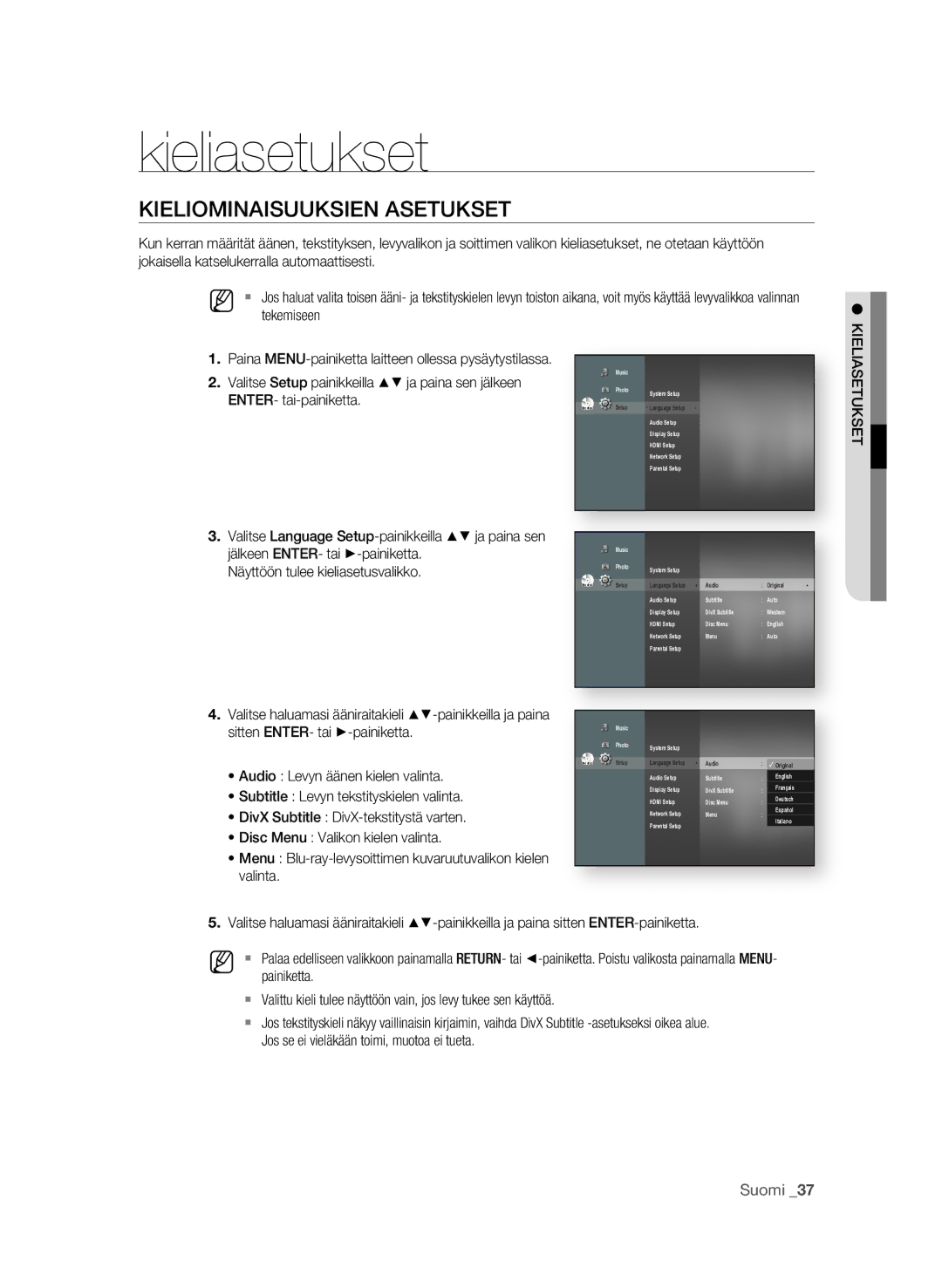 Samsung BD-P1620/XEE manual Kieliasetukset, KIELIoMINaISuuKSIEN aSETuKSET, Suomi 3 