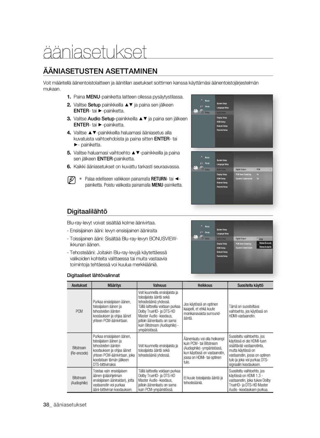 Samsung BD-P1620/XEE manual Ääniasetukset, ÄÄNIaSETuSTEN aSETTaMINEN, Digitaalilähtö,  ääniasetukset 