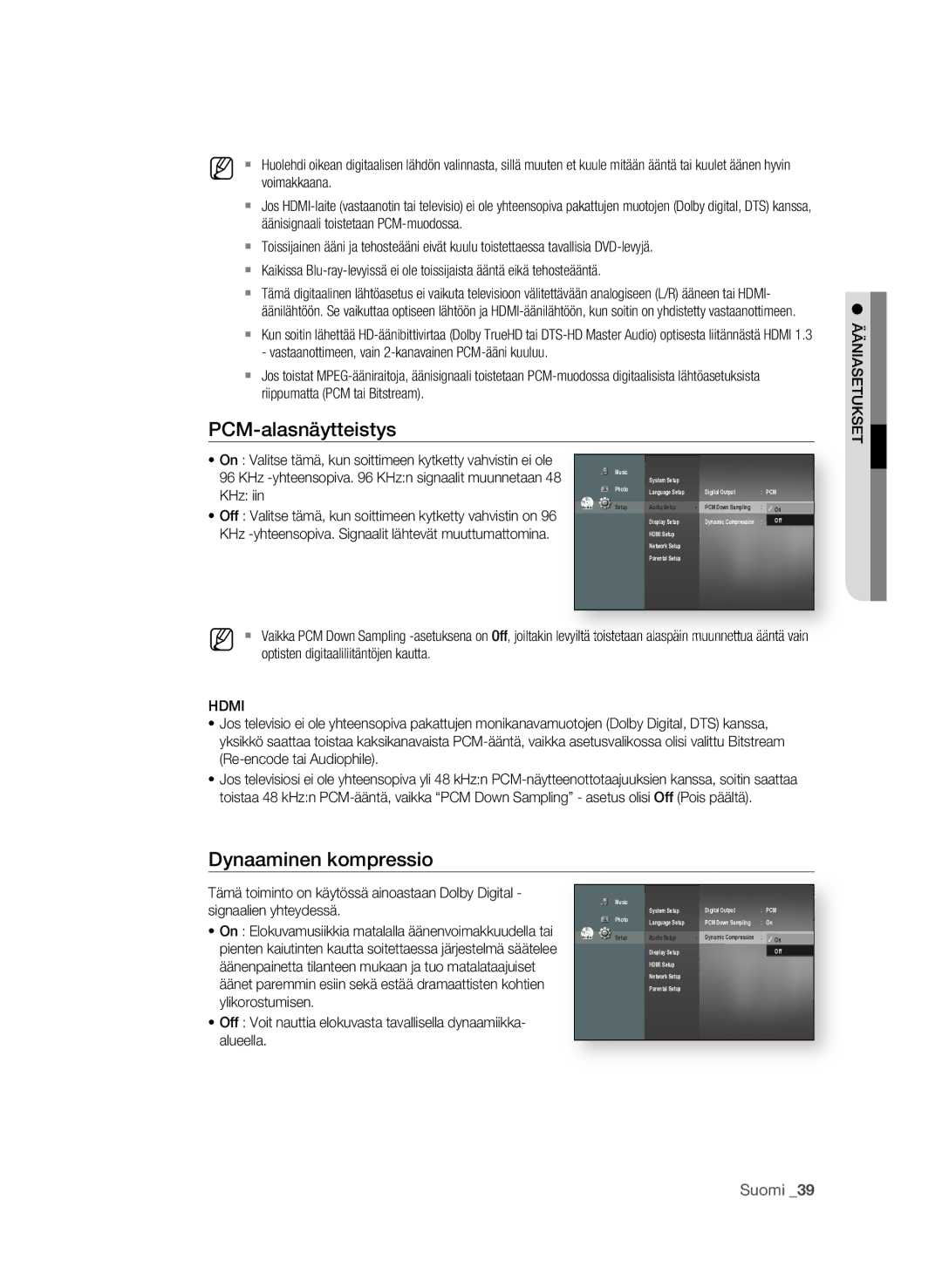 Samsung BD-P1620/XEE manual PCM-alasnäytteistys, Dynaaminen kompressio, KHz iin, Signaalien yhteydessä 