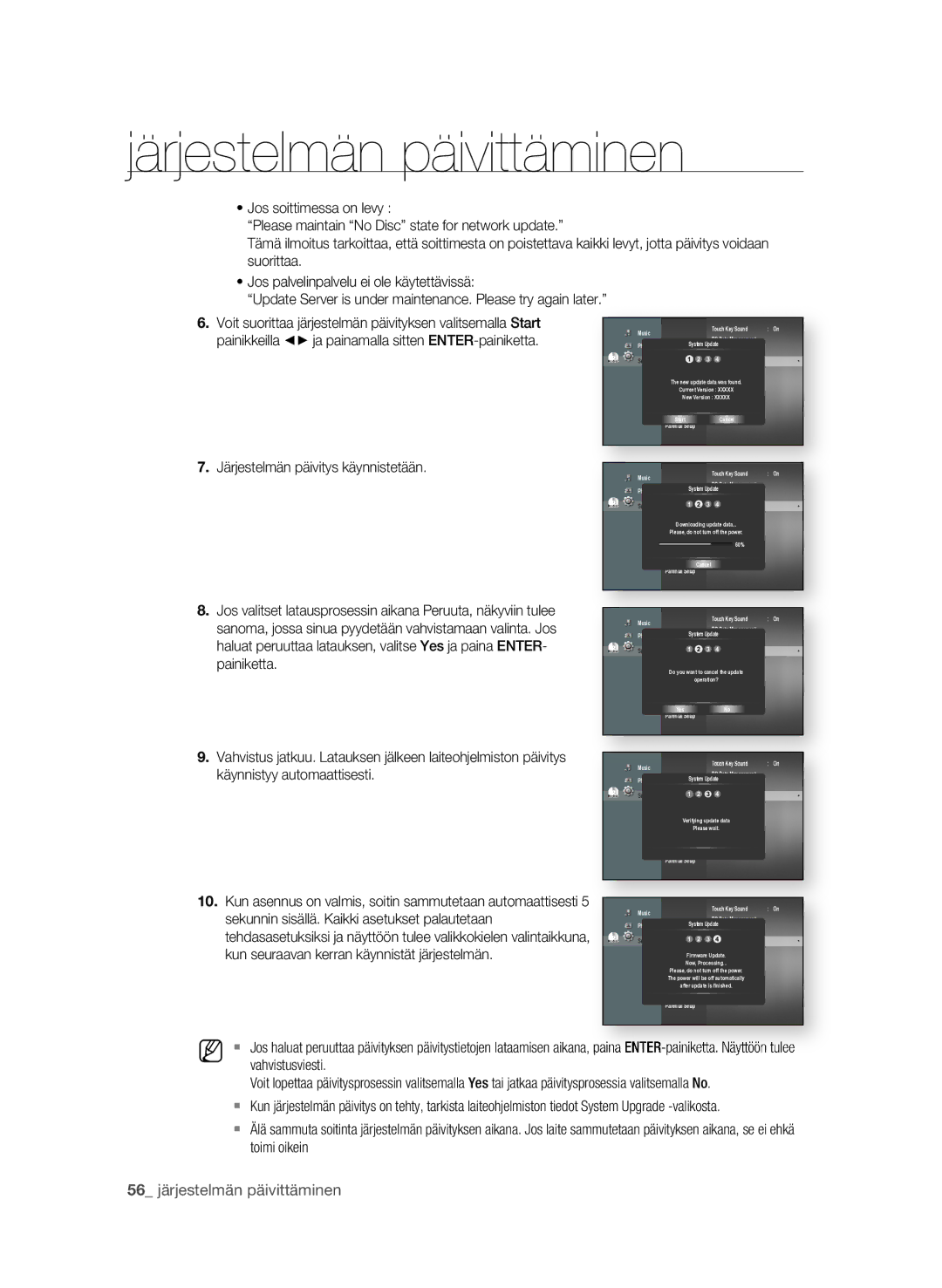 Samsung BD-P1620/XEE manual  järjestelmän päivittäminen, . Järjestelmän päivitys käynnistetään 