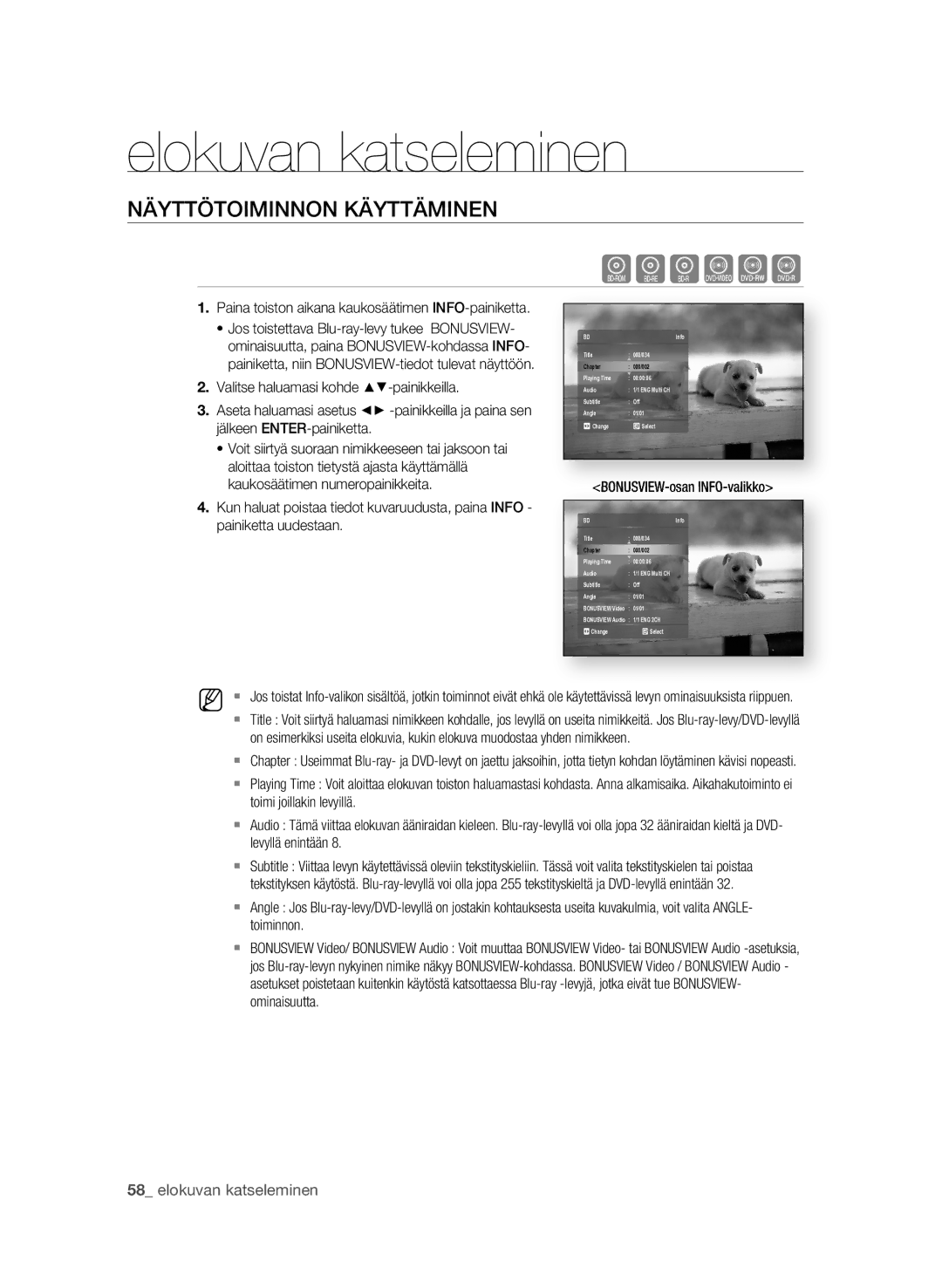 Samsung BD-P1620/XEE manual Elokuvan katseleminen, NÄyTTÖToIMINNoN KÄyTTÄMINEN,  elokuvan katseleminen 