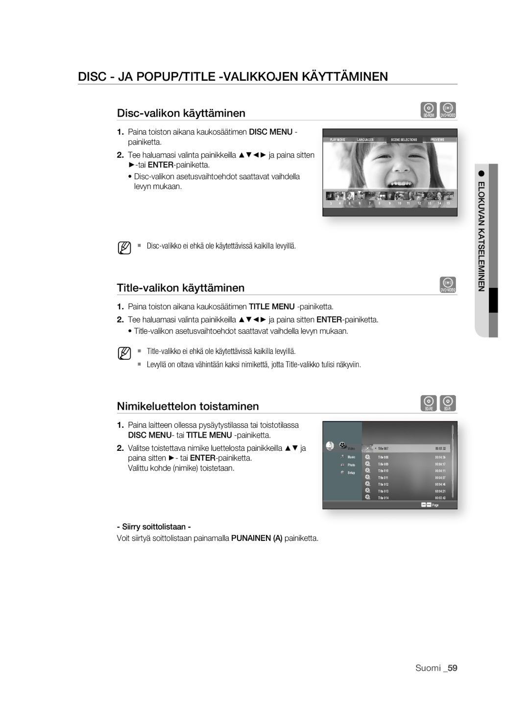 Samsung BD-P1620/XEE Disc ja PoPuP/TITLE -VaLIKKojEN KÄyTTÄMINEN, Disc-valikon käyttäminen, Title-valikon käyttäminen 