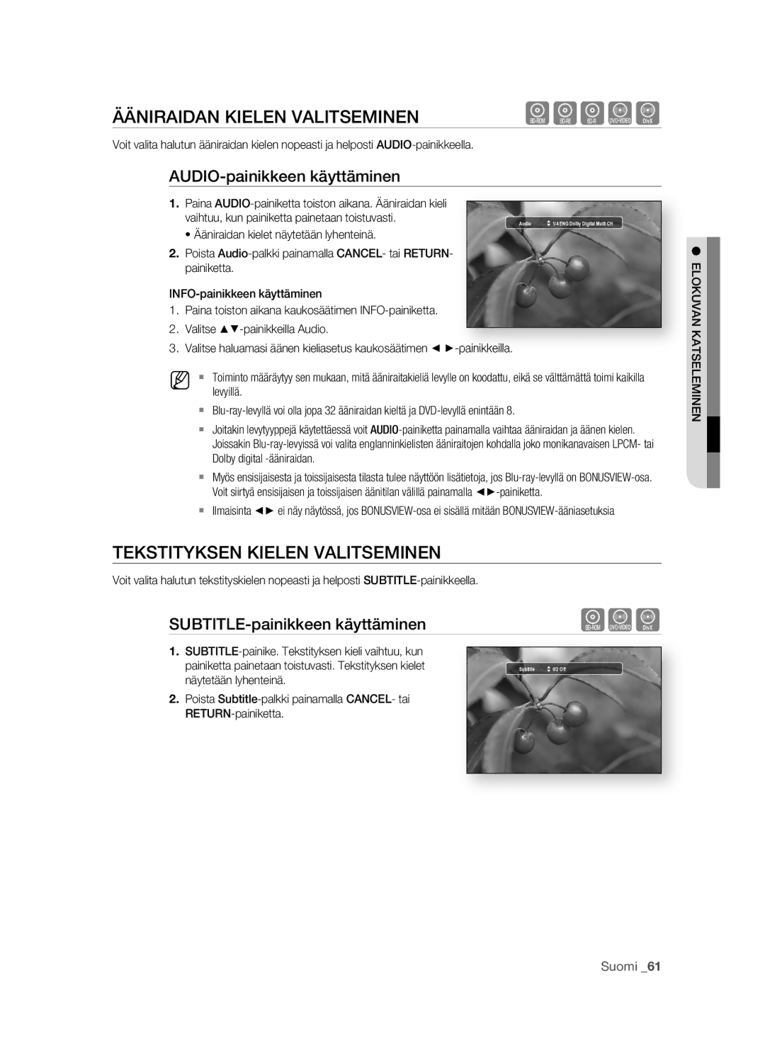 Samsung BD-P1620/XEE manual ÄÄNIraIDaN Kielen VaLITSEMINEN, TEKSTITyKSEN Kielen VaLITSEMINEN, AuDIo-painikkeen käyttäminen 