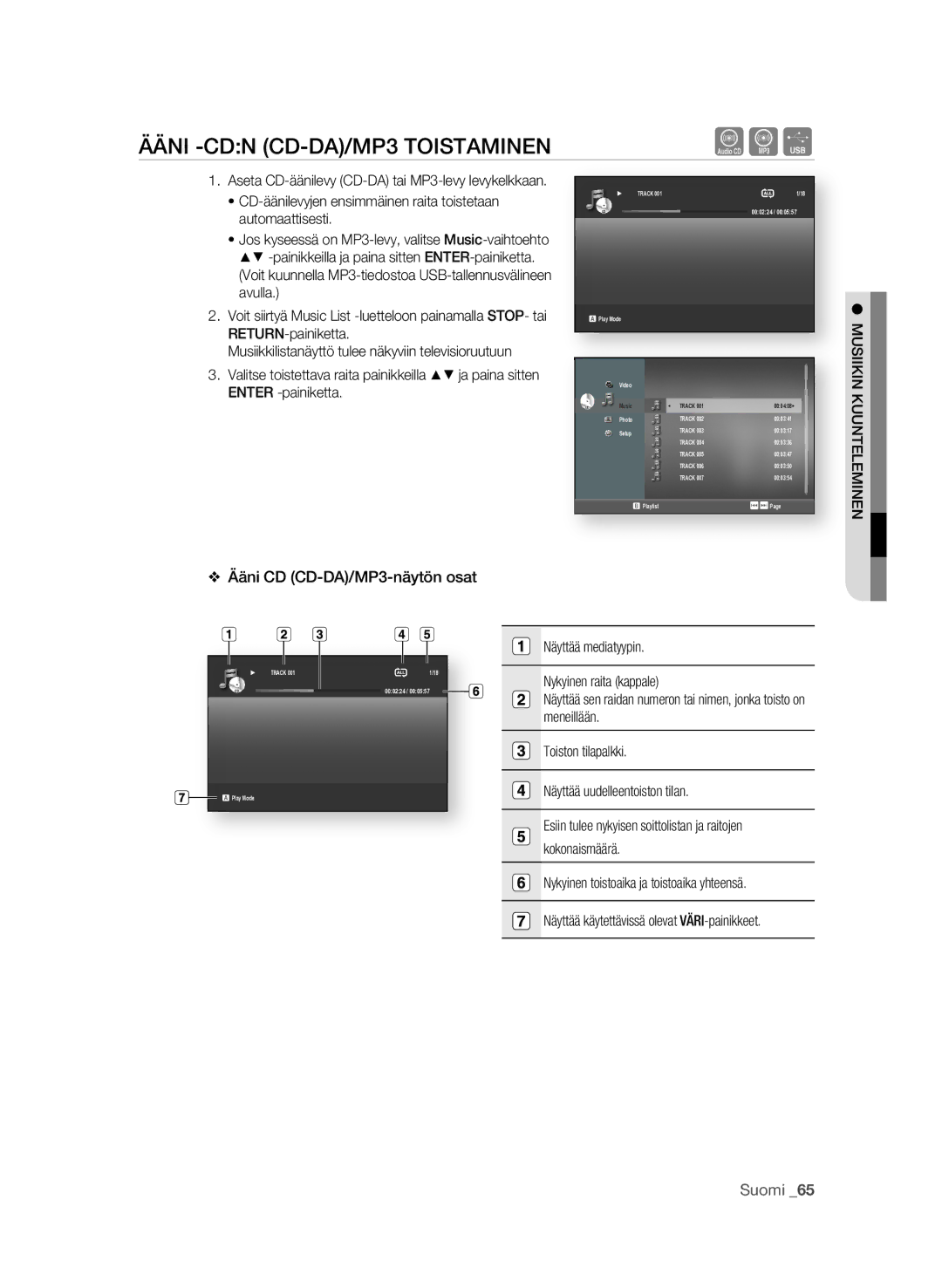 Samsung BD-P1620/XEE manual Ääni -CDN CD-Da/MP3 ToISTaMINEN, Ääni CD CD-Da/MP3-näytön osat 