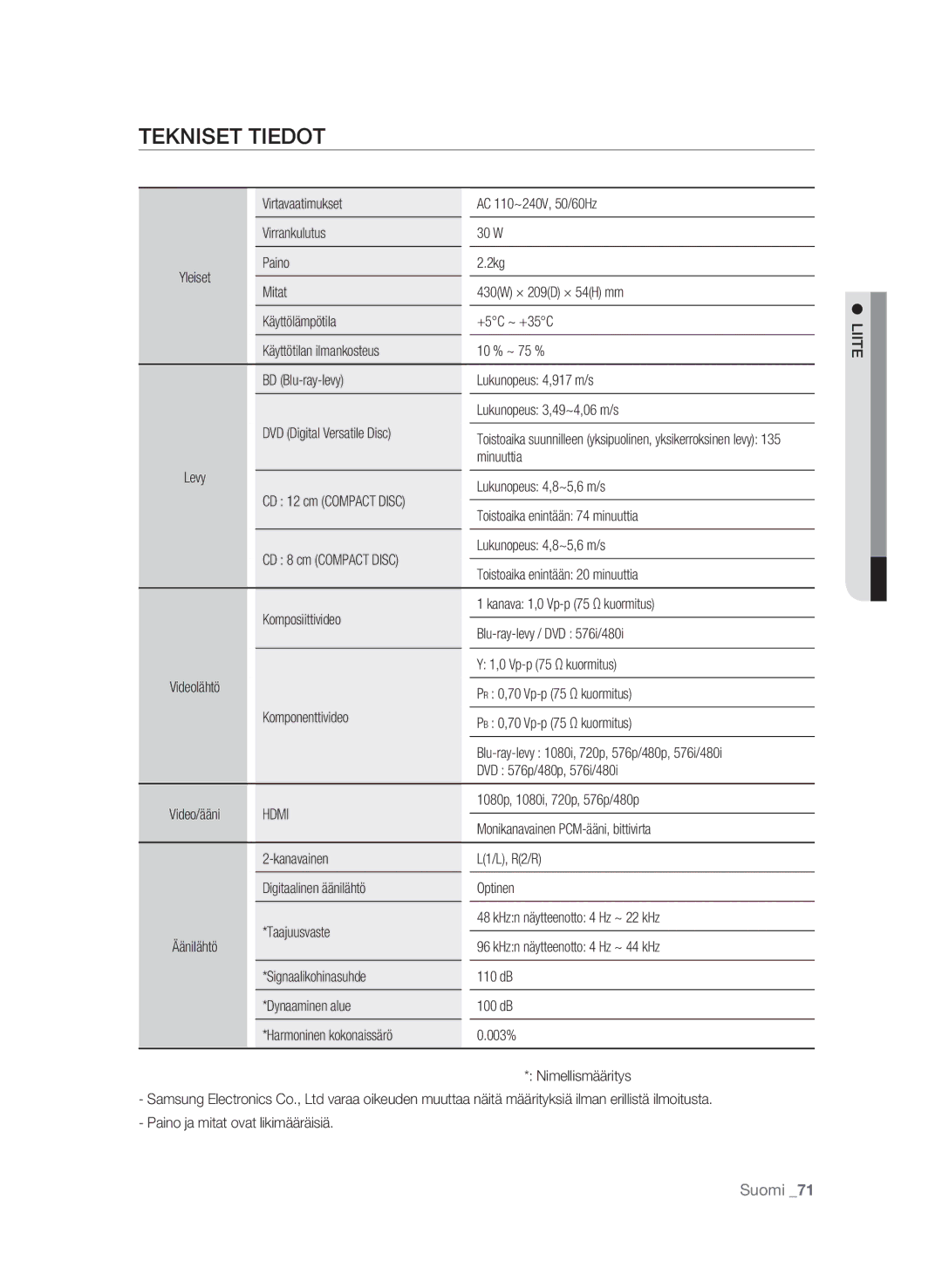 Samsung BD-P1620/XEE manual Tekniset tiedot 