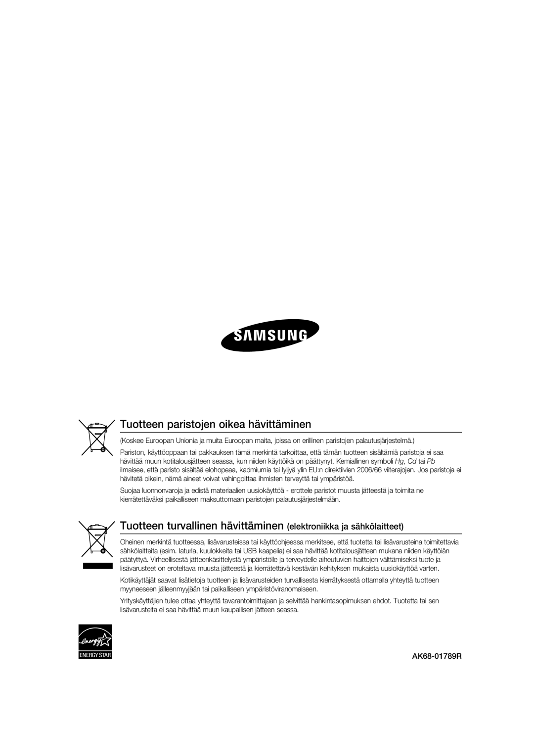 Samsung BD-P1620/XEE manual Tuotteen paristojen oikea hävittäminen 