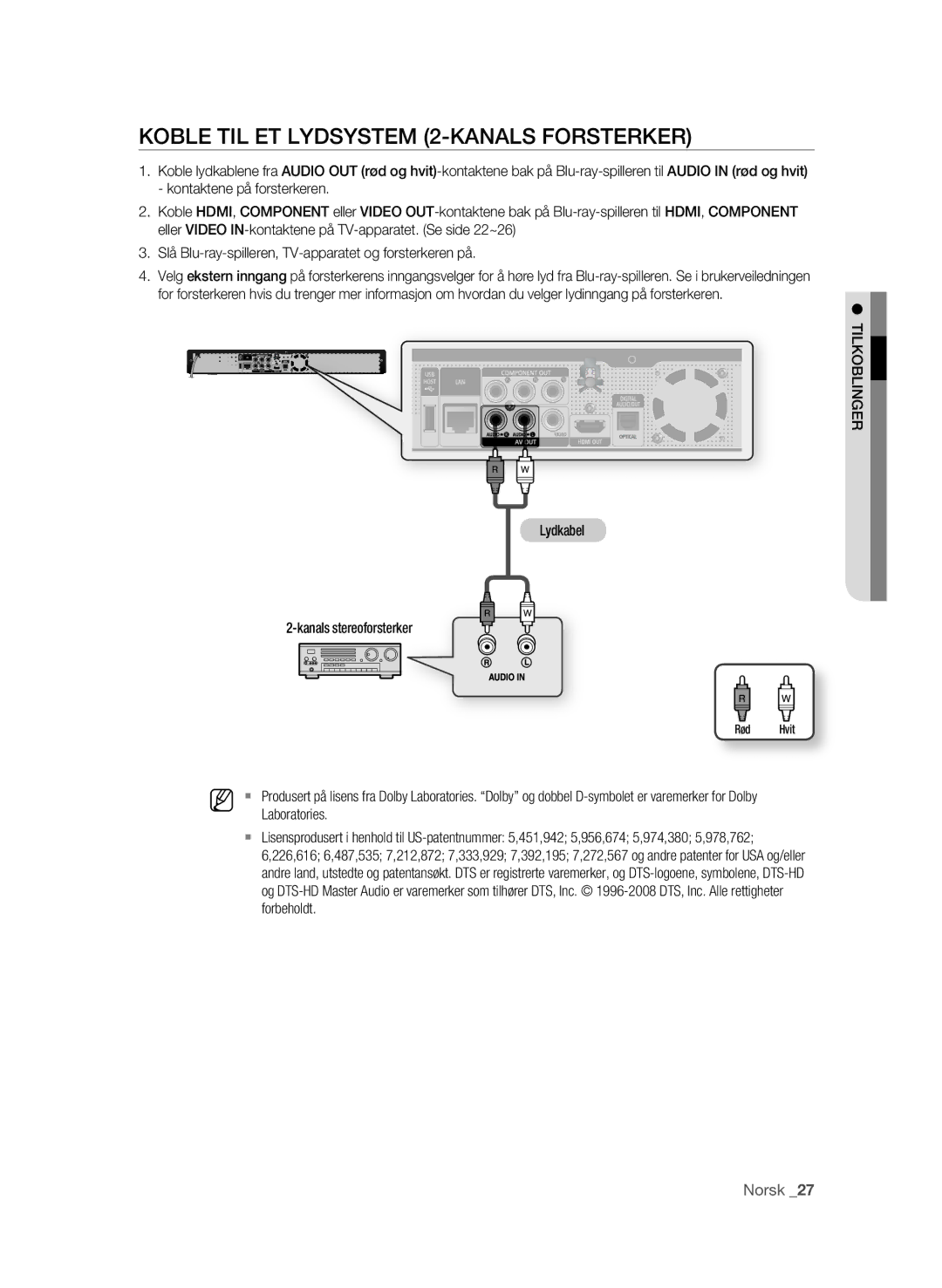 Samsung BD-P1620/XEE manual Koble TIL ET Lydsystem 2-KANALS Forsterker, Lydkabel Kanals stereoforsterker, Laboratories 