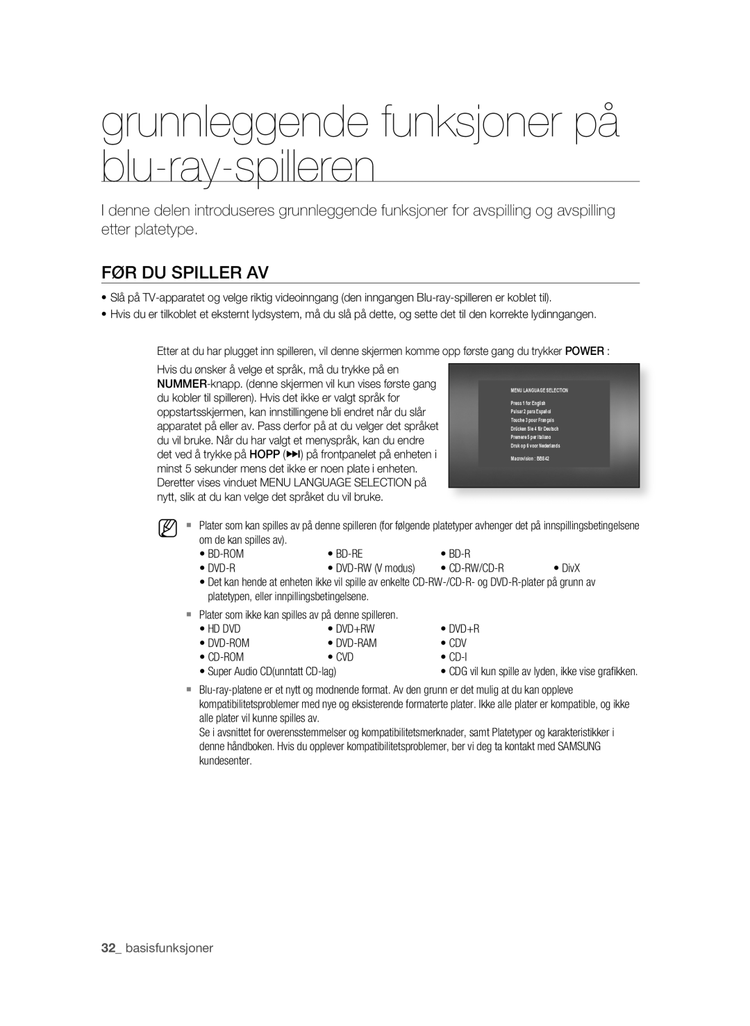 Samsung BD-P1620/XEE manual Grunnleggende funksjoner på blu-ray-spilleren, FØR DU Spiller AV 