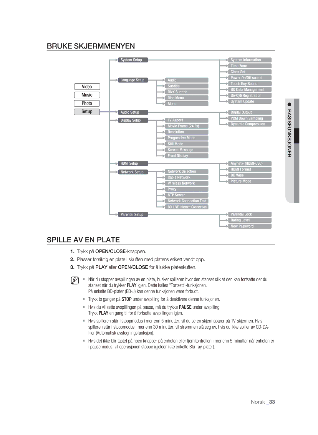 Samsung BD-P1620/XEE manual Bruke Skjermmenyen, Spille AV EN Plate 