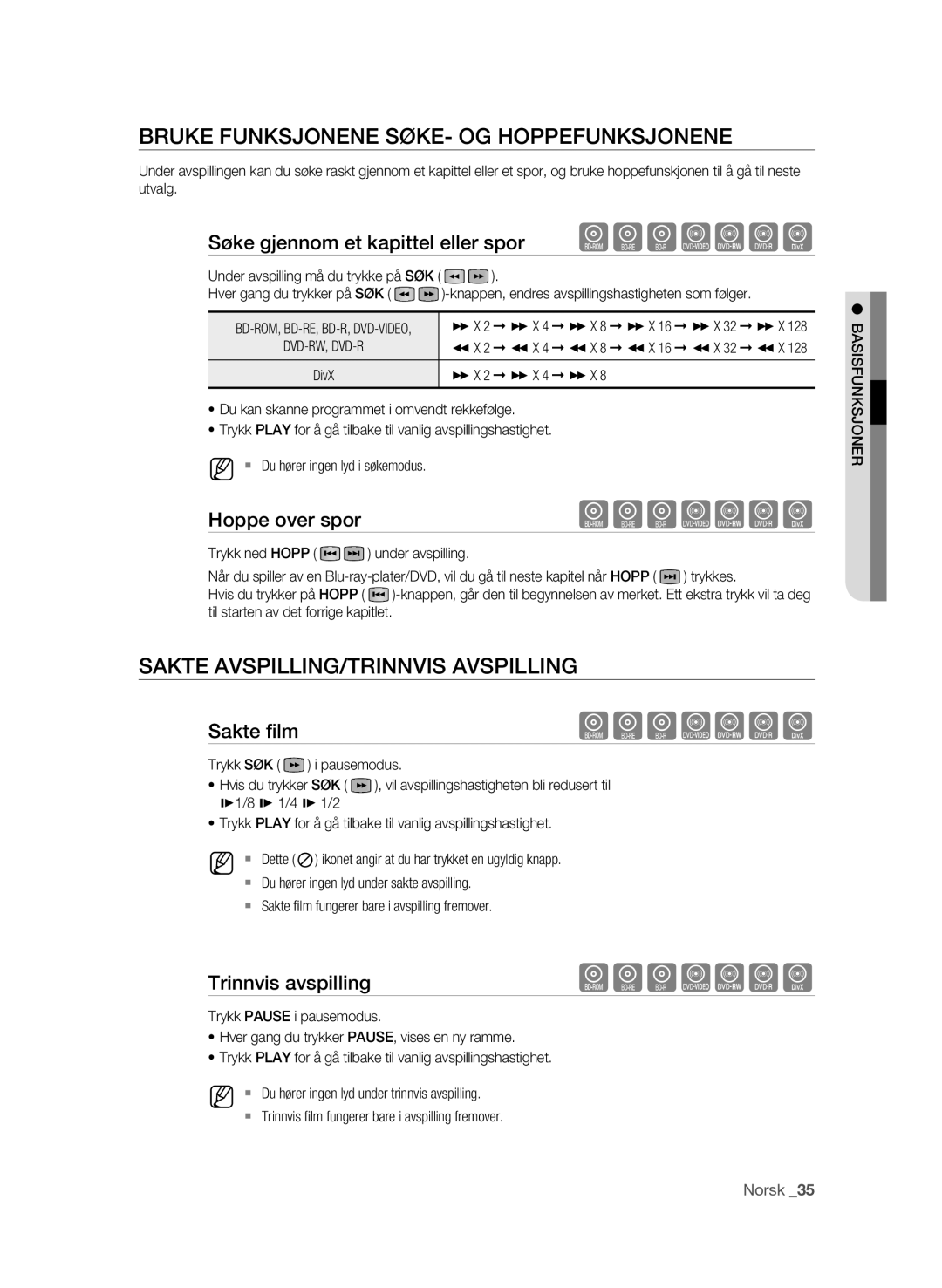 Samsung BD-P1620/XEE manual Bruke Funksjonene SØKE- OG Hoppefunksjonene, Sakte AVSPILLING/TRINNVIS Avspilling 