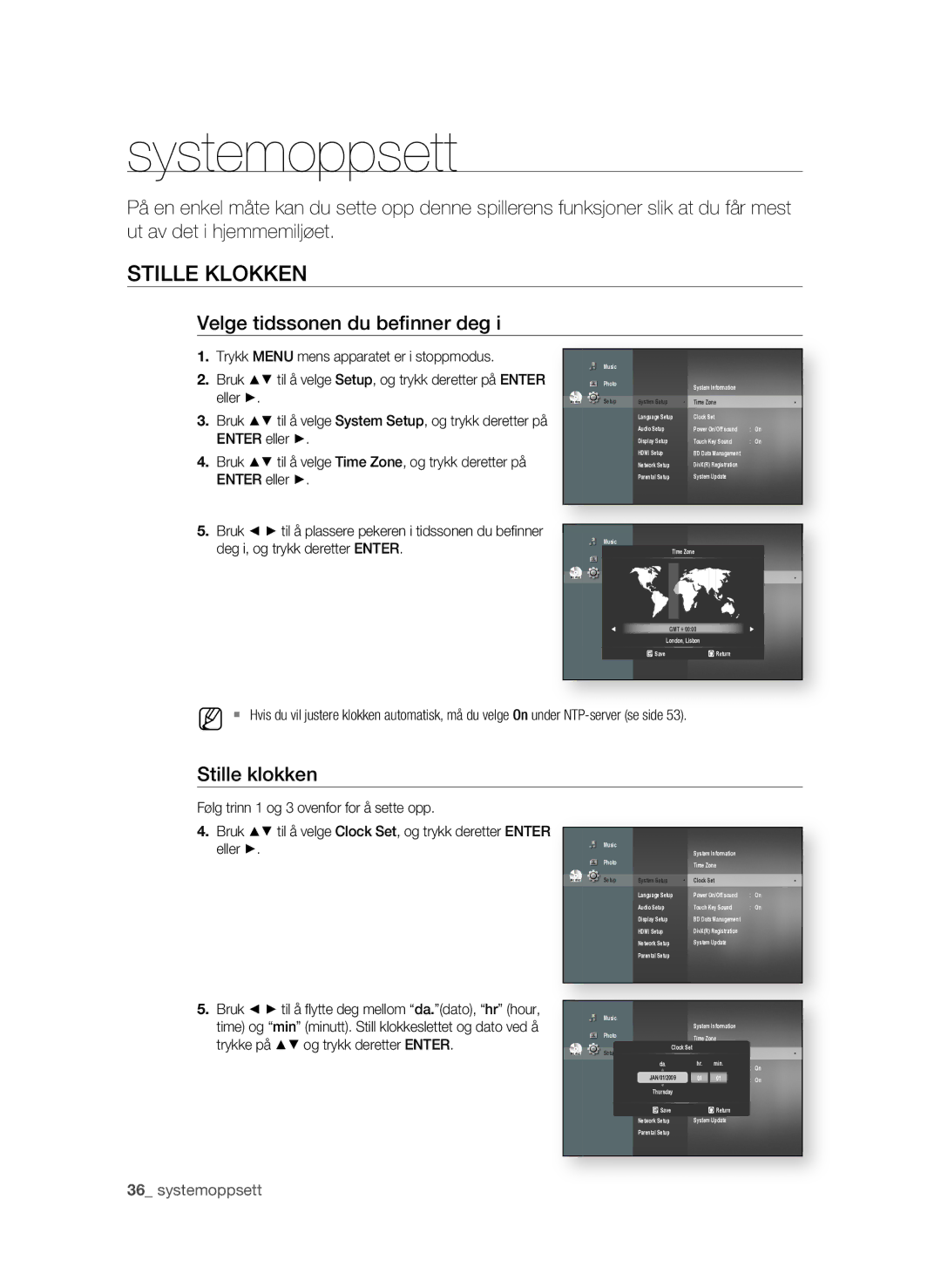 Samsung BD-P1620/XEE manual Systemoppsett, Stille Klokken, Velge tidssonen du befi nner deg, Stille klokken 