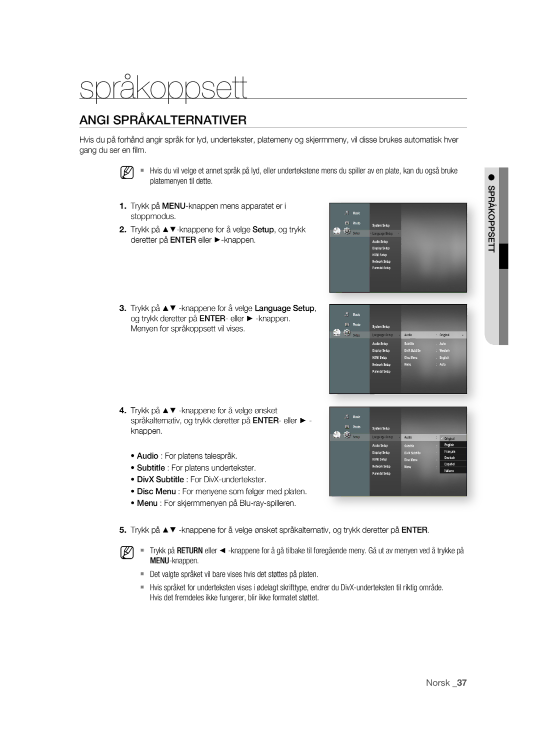 Samsung BD-P1620/XEE manual Språkoppsett, Angi Språkalternativer 