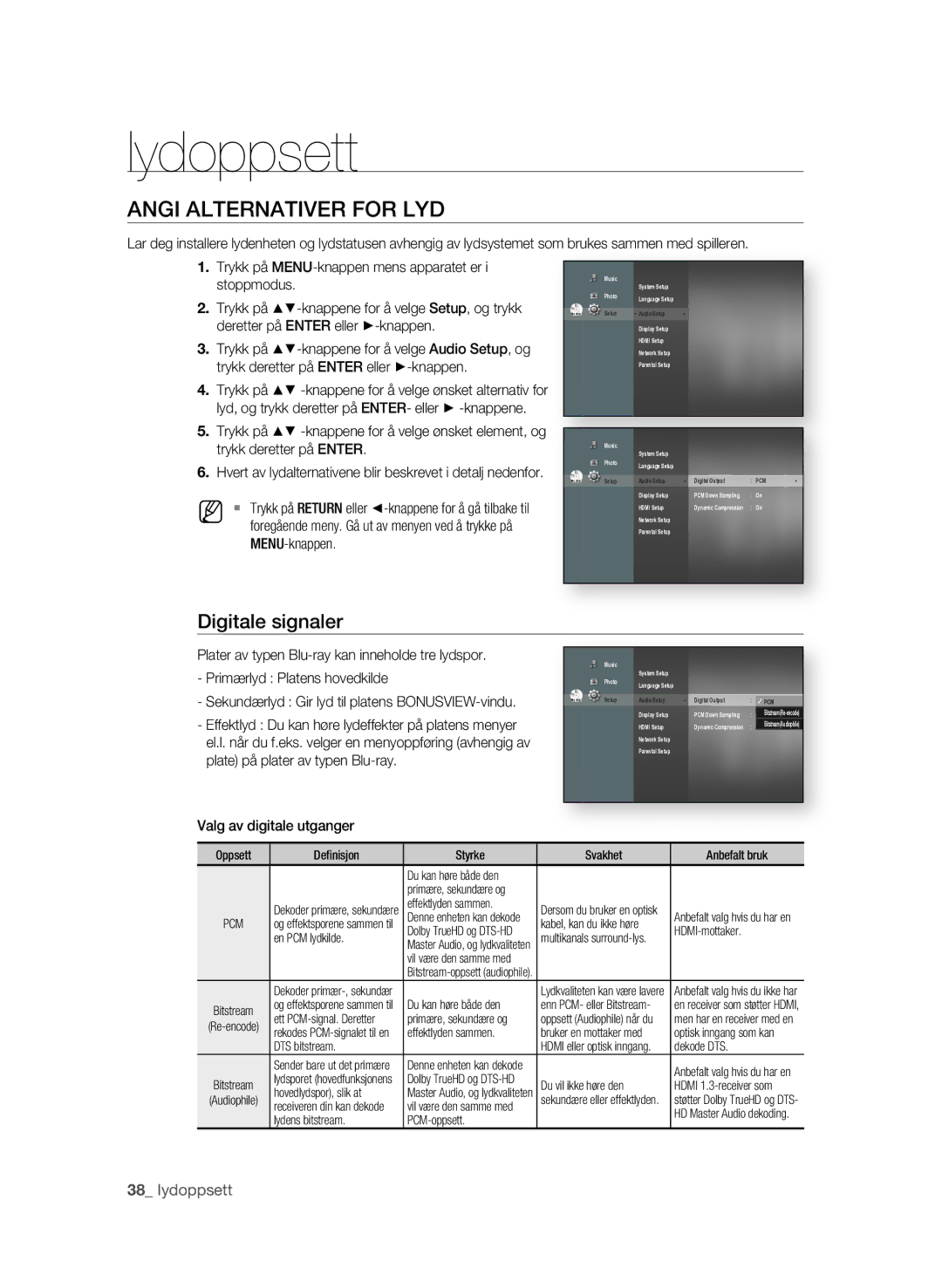 Samsung BD-P1620/XEE manual Lydoppsett, Angi Alternativer for LYD, Digitale signaler, Valg av digitale utganger 