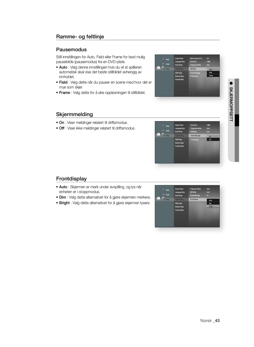 Samsung BD-P1620/XEE manual Ramme- og feltlinje Pausemodus, Skjermmelding, Frontdisplay 