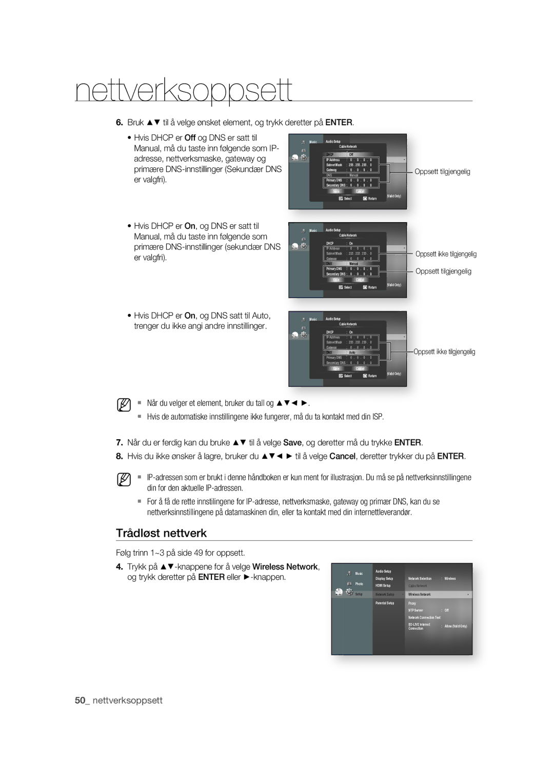 Samsung BD-P1620/XEE manual Trådløst nettverk, Oppsett tilgjengelig 