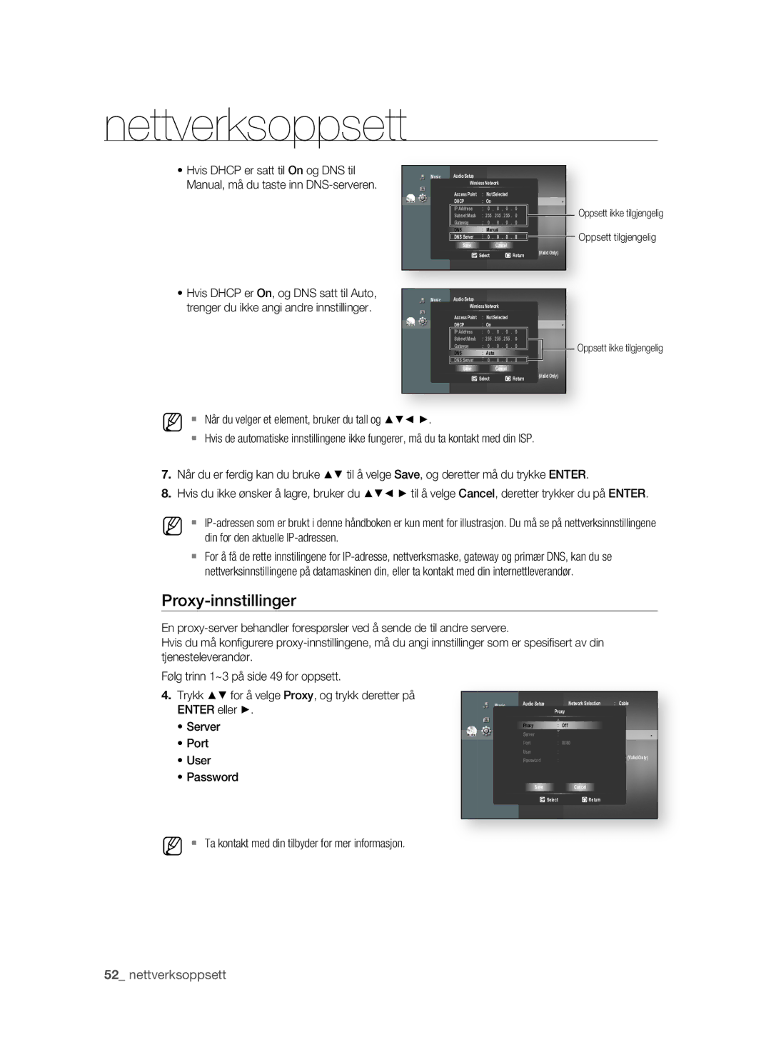 Samsung BD-P1620/XEE manual Proxy-innstillinger, . Trykk $% for å velge Proxy, og trykk deretter på, Server, Port, User 