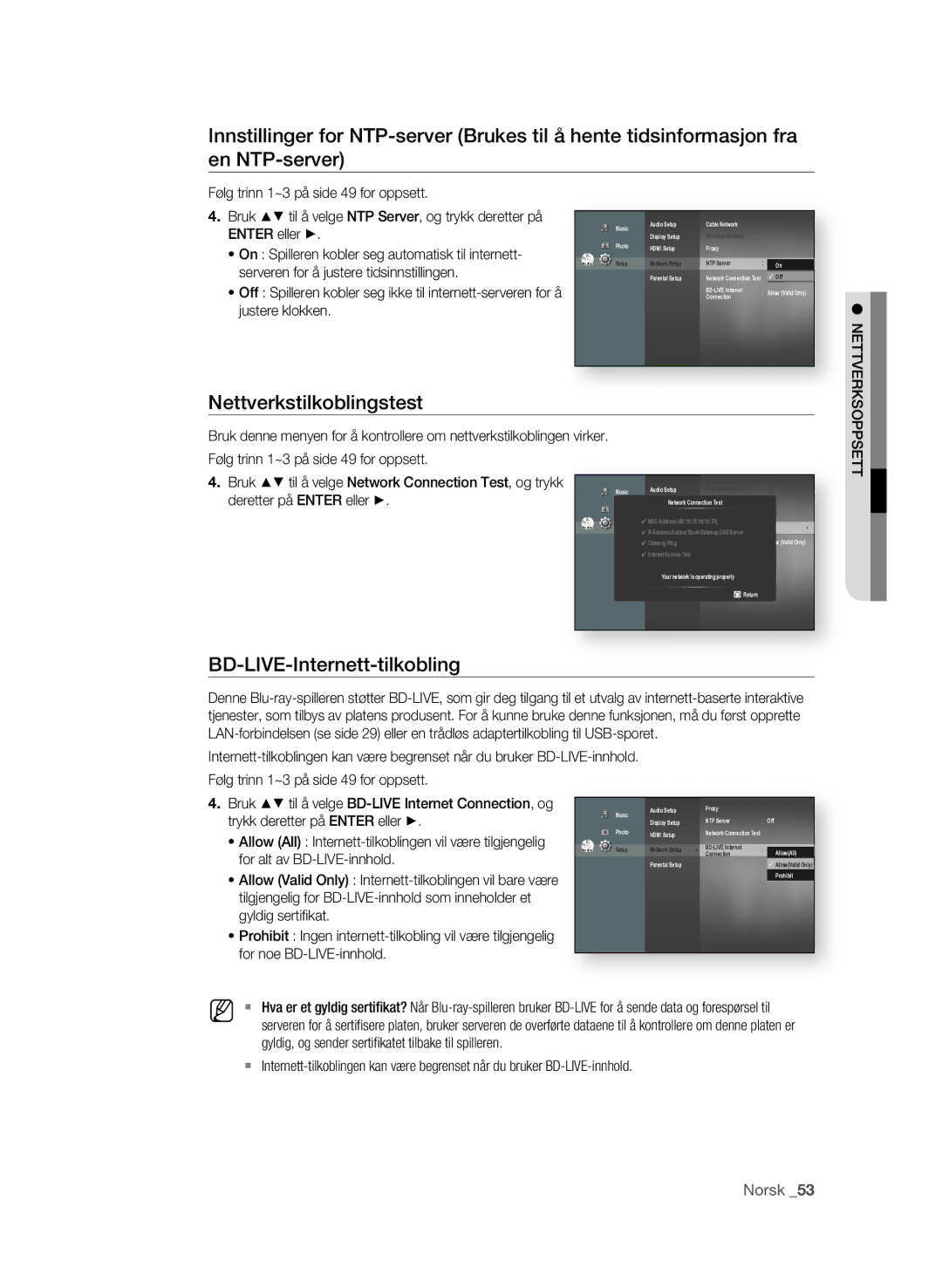 Samsung BD-P1620/XEE manual Nettverkstilkoblingstest, BD-LIVE-Internett-tilkobling 