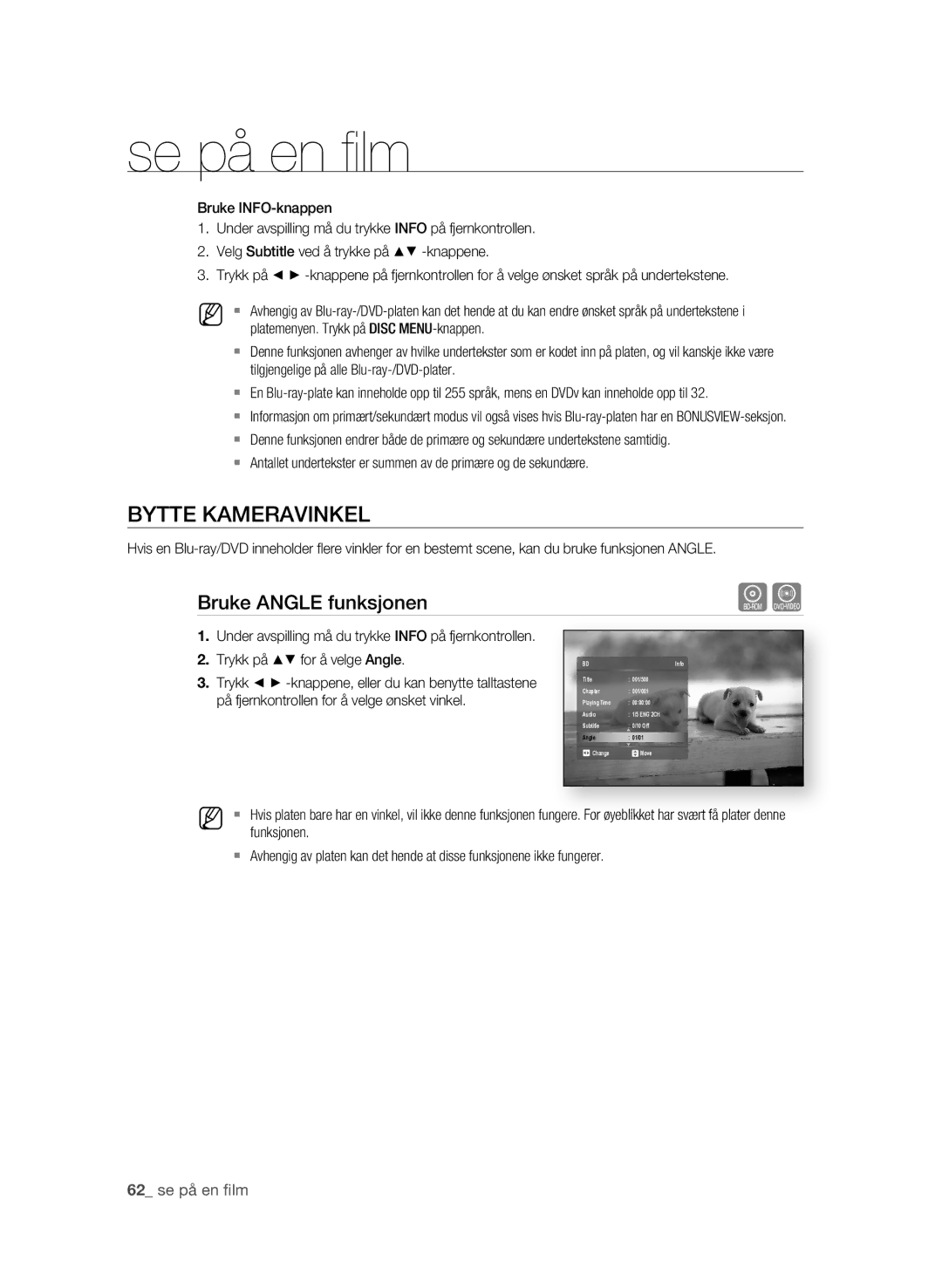 Samsung BD-P1620/XEE manual Bytte Kameravinkel, Bruke Angle funksjonen 