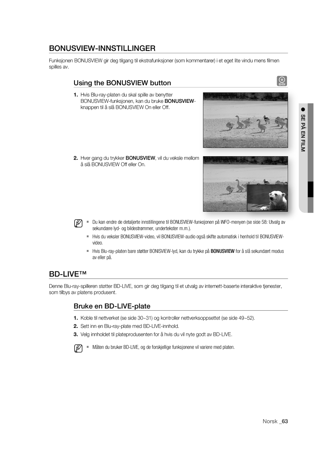 Samsung BD-P1620/XEE manual Bonusview-Innstillinger, Bd-Live, Using the Bonusview button, Bruke en BD-LIVE-plate, Menyen 