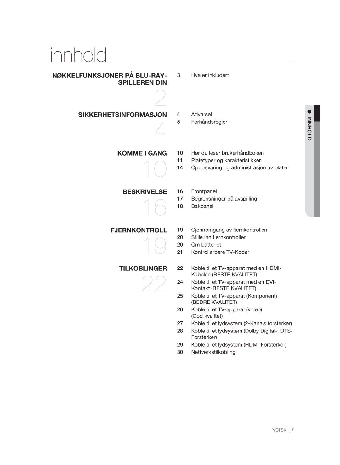 Samsung BD-P1620/XEE manual Innhold, Forhåndsregler, Hva er inkludert 