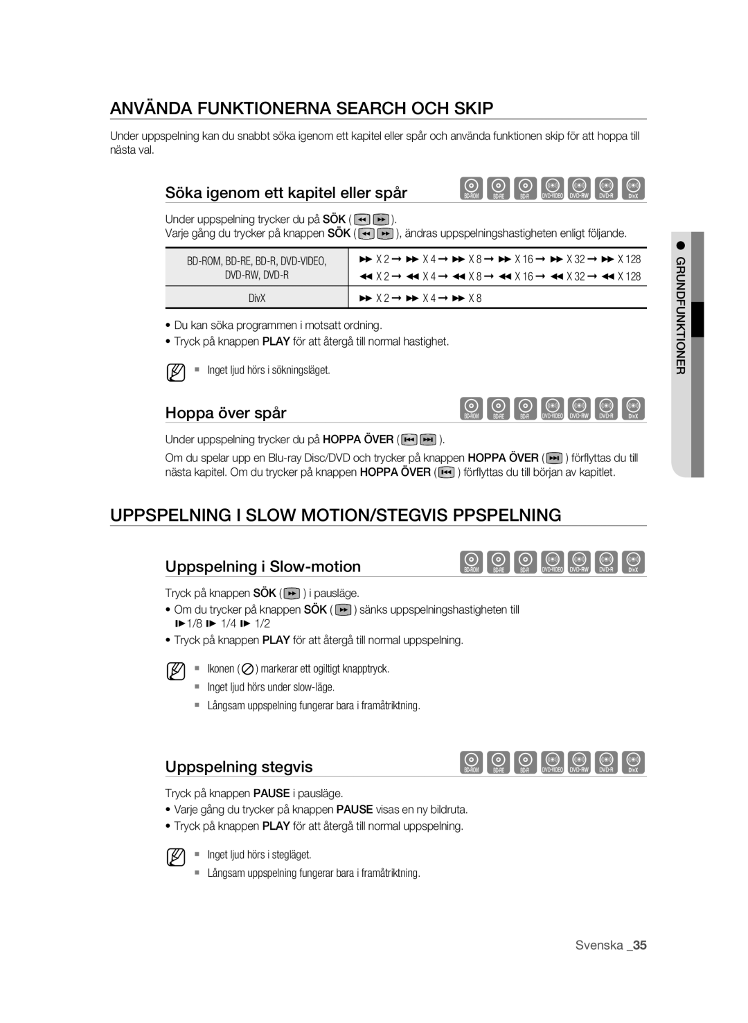 Samsung BD-P1620/XEE manual Använda funktionerna Search och Skip, Uppspelning i Slow motion/Stegvis ppspelning 