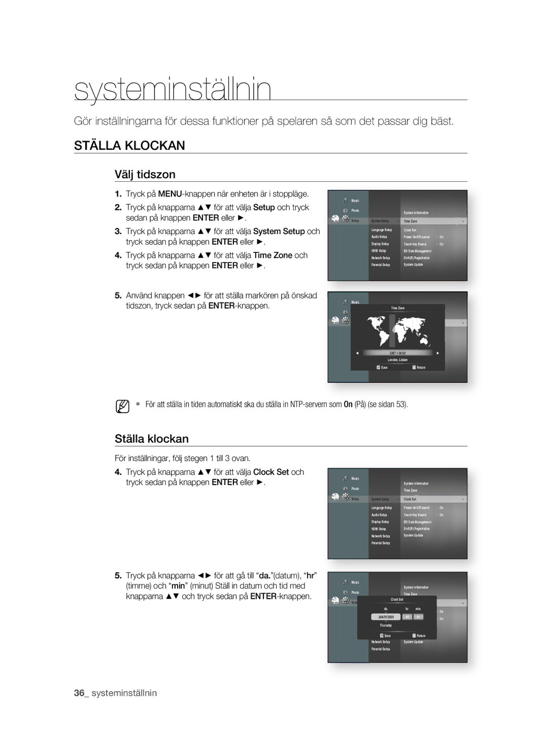 Samsung BD-P1620/XEE manual Systeminställnin, STÄLLa KLOcKan, Välj tidszon, Ställa klockan 