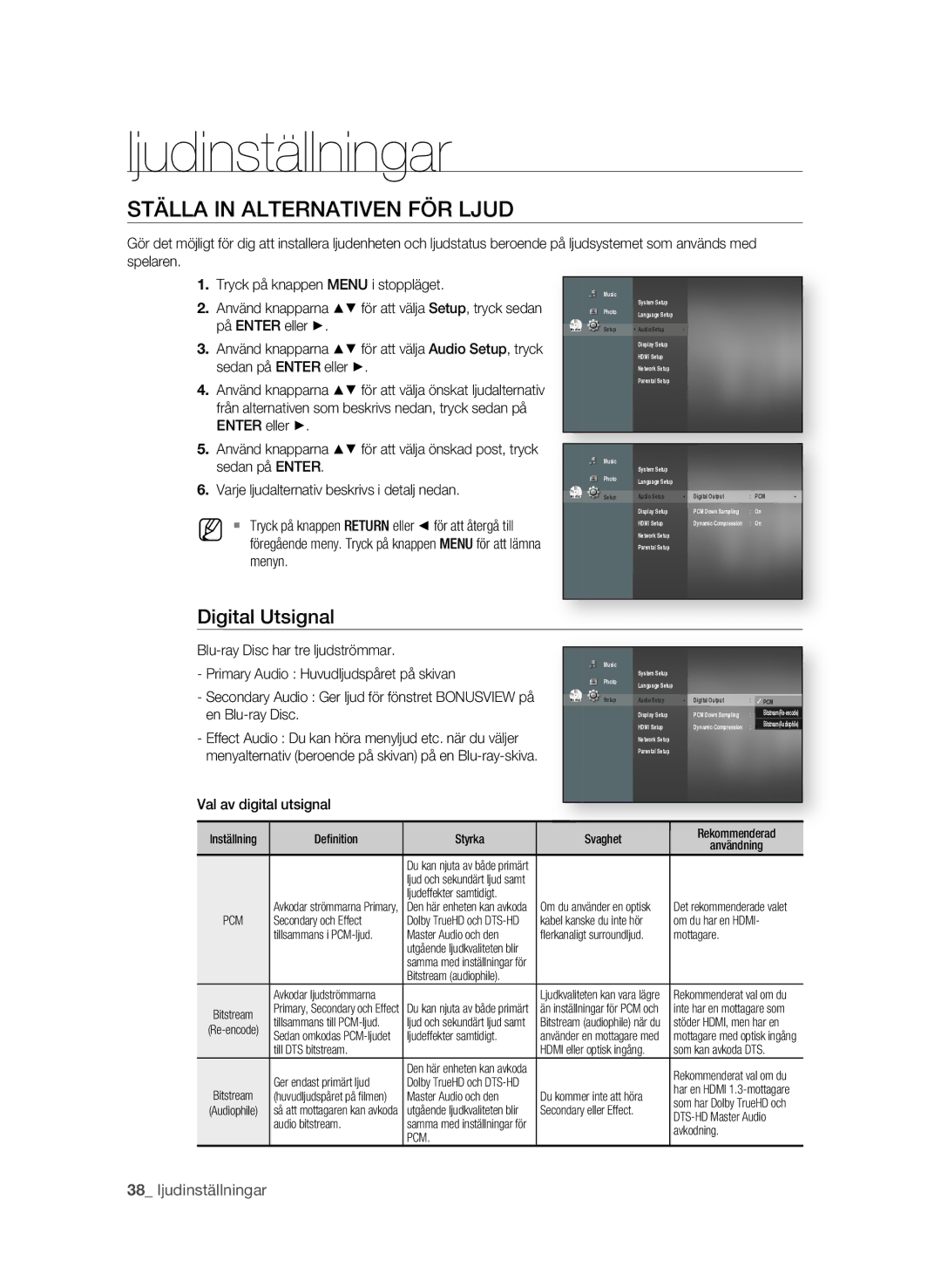 Samsung BD-P1620/XEE Ljudinställningar, STÄLLa In aLTErnaTIVEn FÖr LjUD, Digital Utsignal, Menyn, Val av digital utsignal 