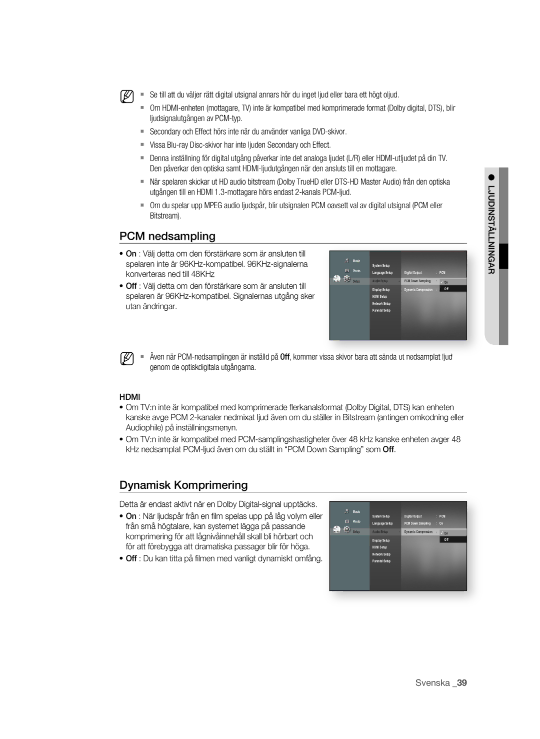 Samsung BD-P1620/XEE manual PcM nedsampling, Dynamisk Komprimering 