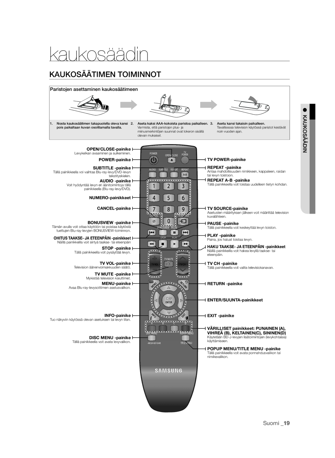 Samsung BD-P1600A/XEE manual Kaukosäädin, Kaukosäätimen toiminnot, Di ää kos kau, Paristojen asettaminen kaukosäätimeen 