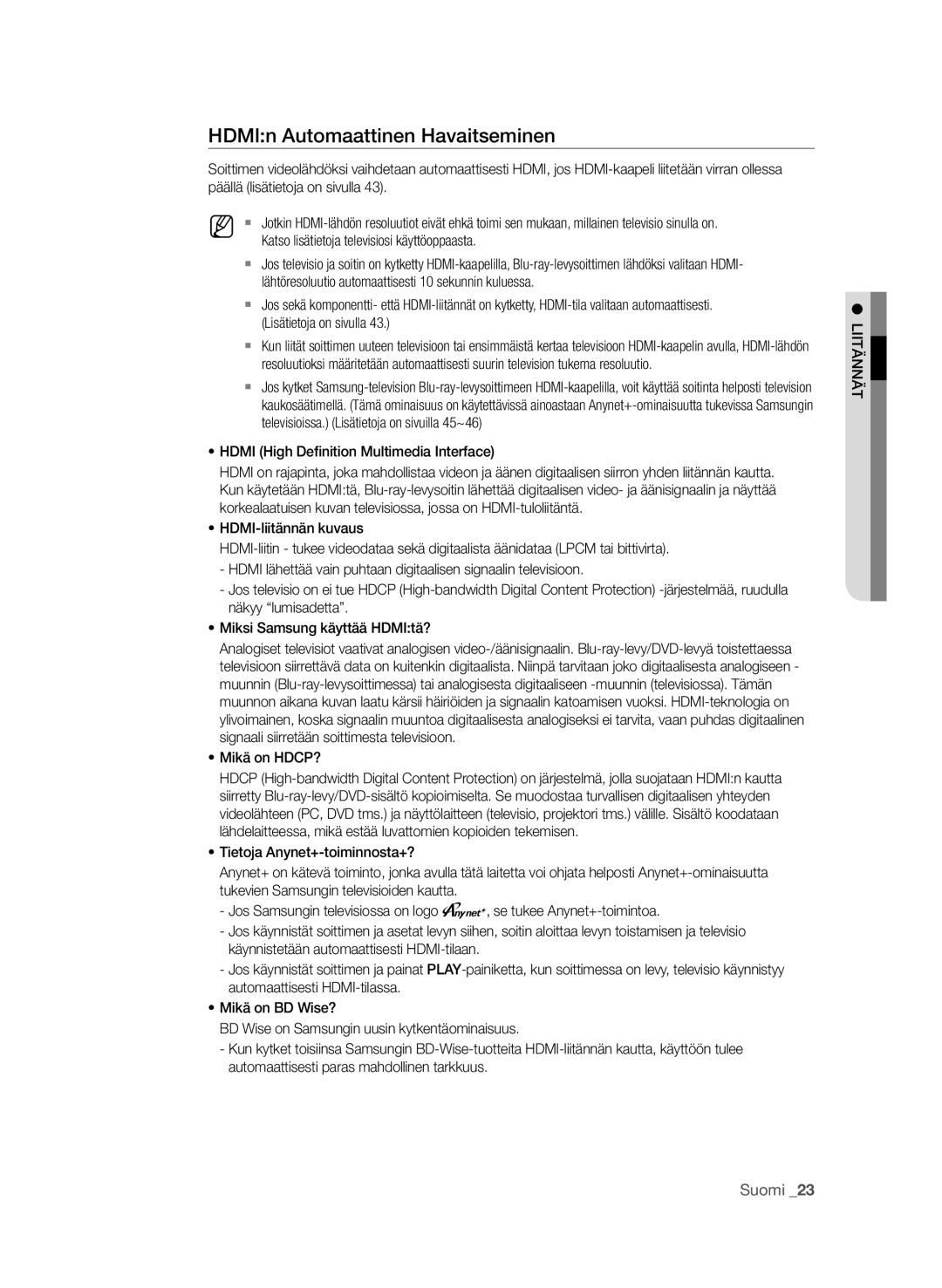 Samsung BD-P1600A/XEE manual HDMIn automaattinen havaitseminen, Katso lisätietoja televisiosi käyttöoppaasta, Mikä on HDCP? 