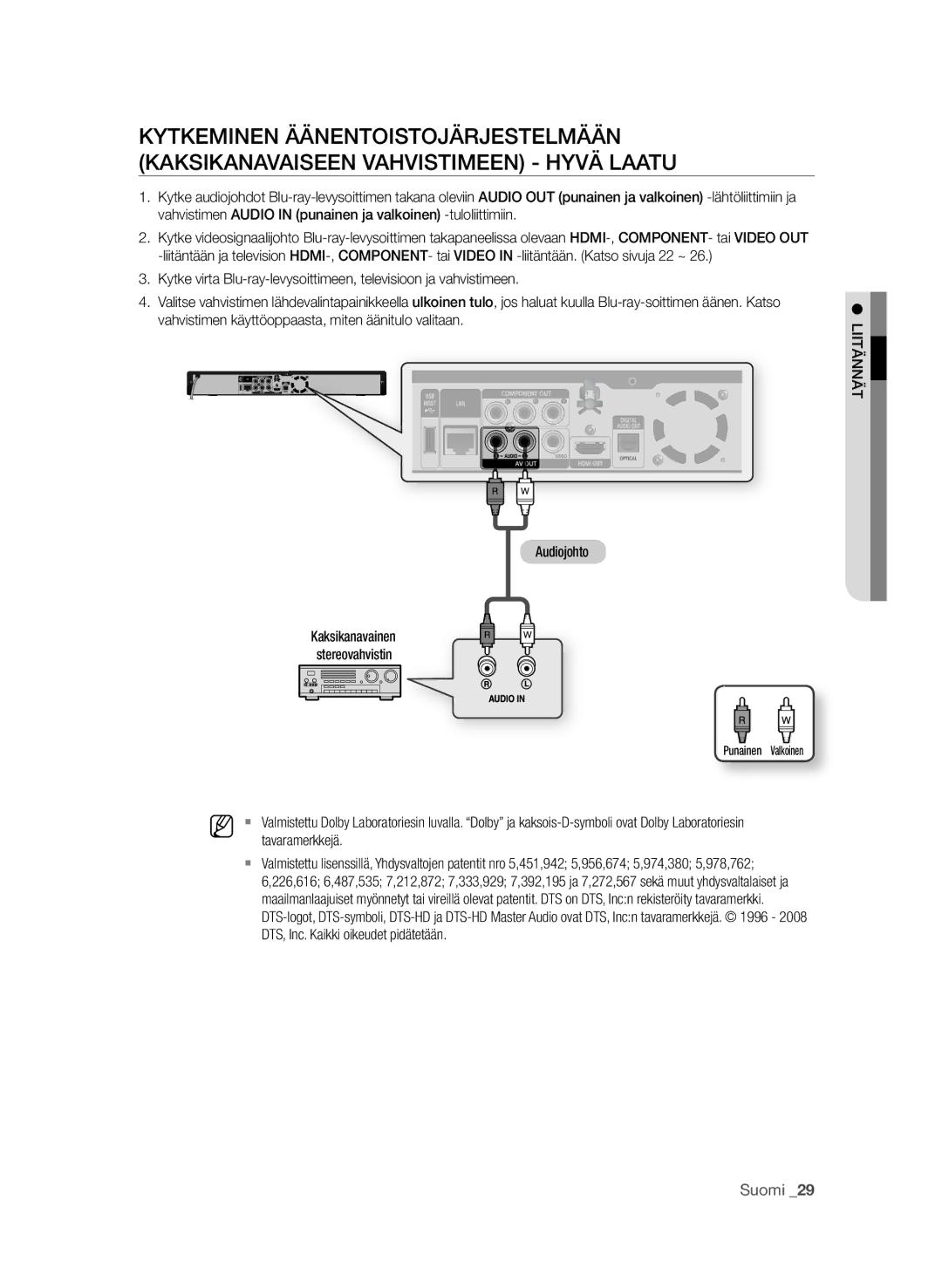 Samsung BD-P1600A/XEE, BD-P1650A/XEE manual Tavaramerkkejä, DTS, Inc. Kaikki oikeudet pidätetään, LiitÄNNÄt 