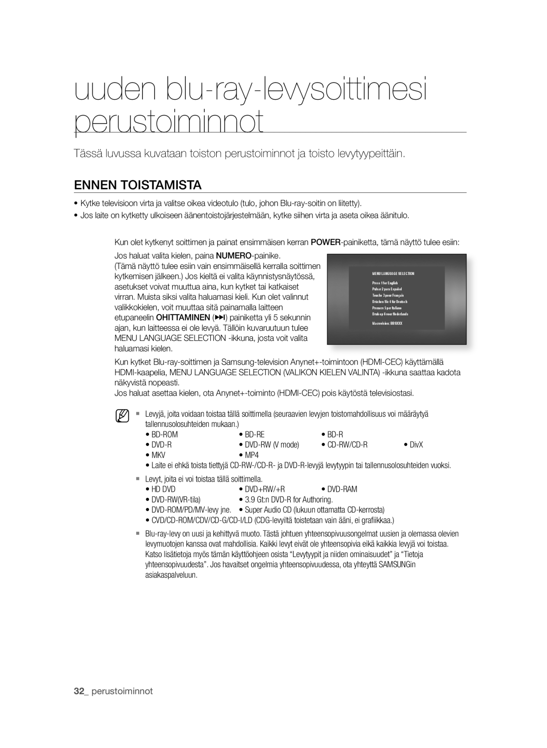 Samsung BD-P1650A/XEE, BD-P1600A/XEE manual Ennen toistaMista, Perustoiminnot 