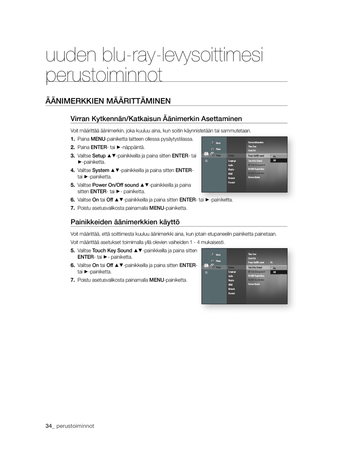 Samsung BD-P1650A/XEE ÄÄNiMErKKiEN MÄÄrittÄMiNEN, Virran Kytkennän/Katkaisun Äänimerkin asettaminen,  perustoiminnot 