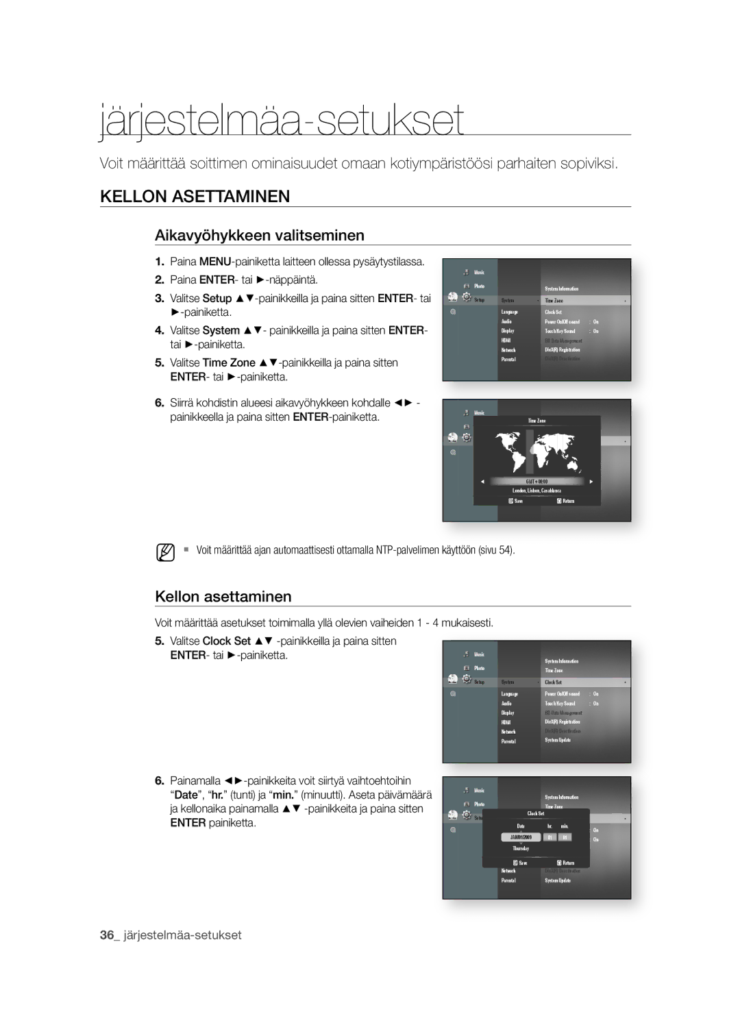 Samsung BD-P1650A/XEE manual Järjestelmäa-setukset, KELLoN asEttaMiNEN, Aikavyöhykkeen valitseminen, Kellon asettaminen 