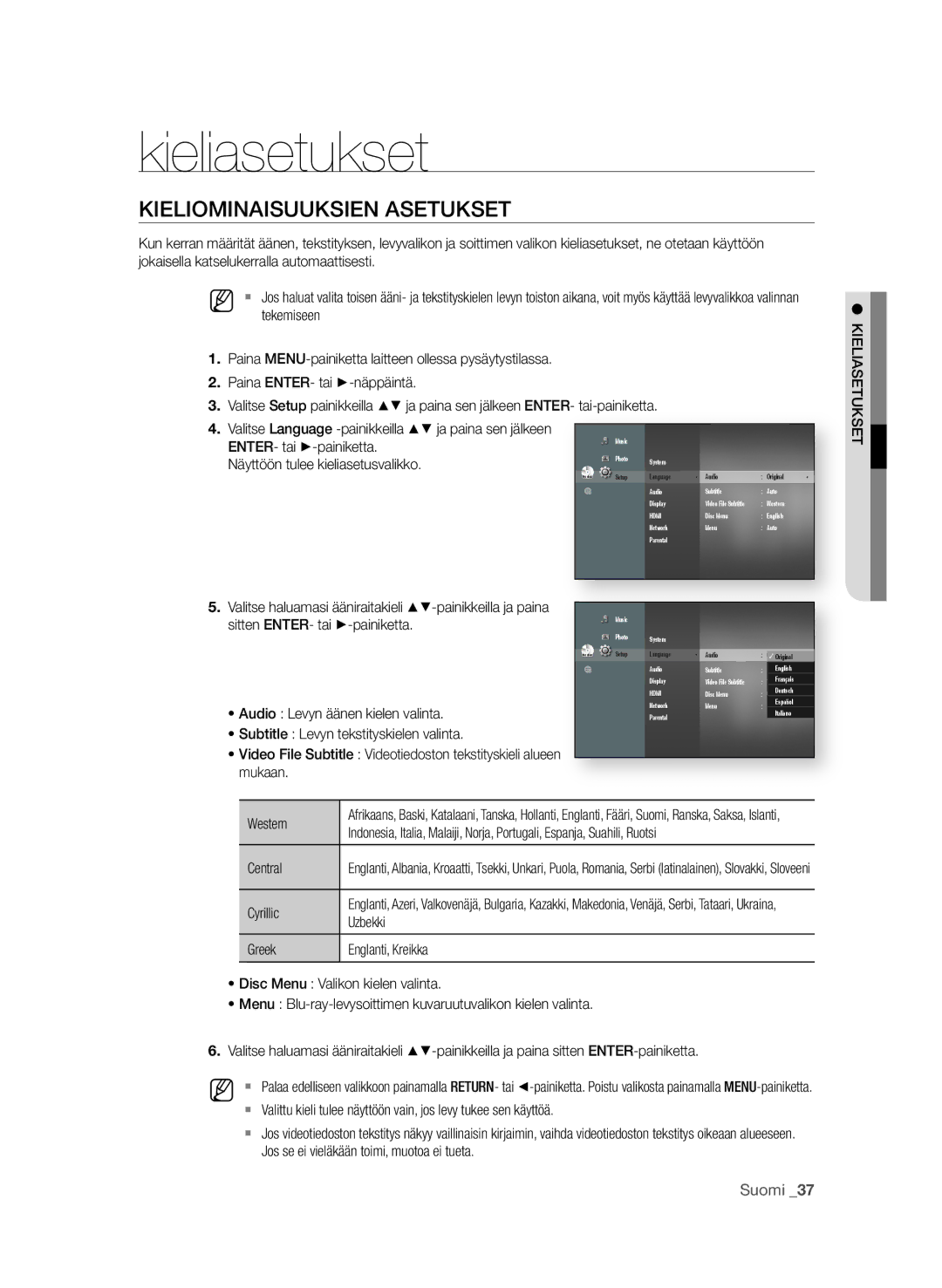 Samsung BD-P1600A/XEE, BD-P1650A/XEE manual Kieliasetukset, KiELioMiNaisuuKsiEN asEtuKsEt, Suomi 3, ENtEr- tai +-painiketta 