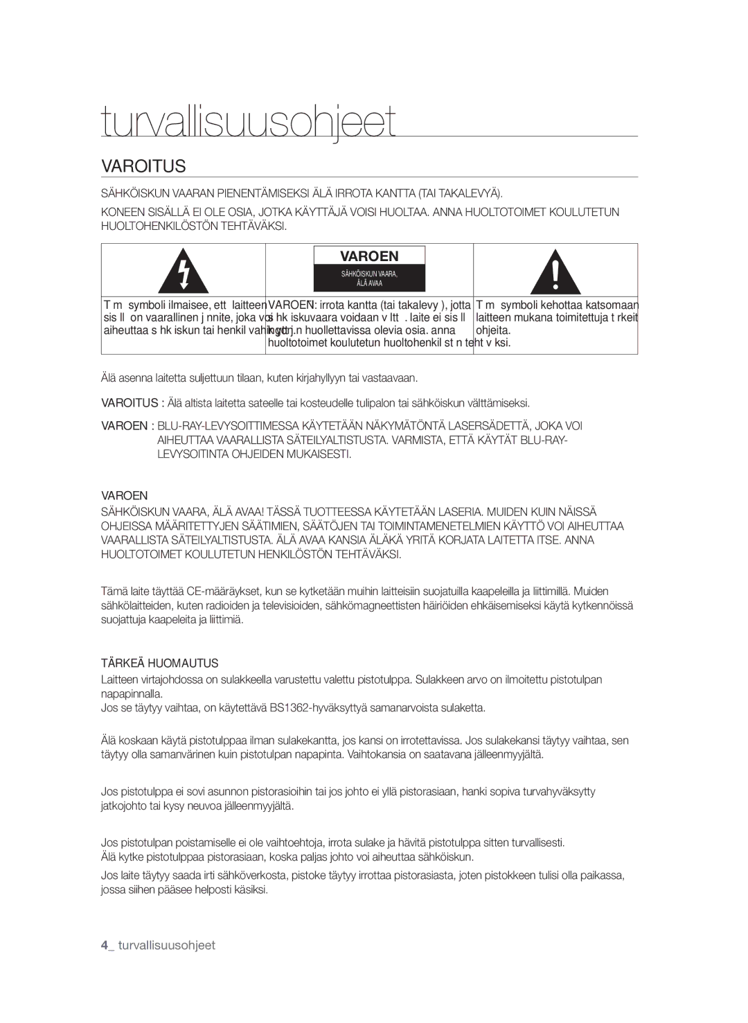 Samsung BD-P1650A/XEE, BD-P1600A/XEE manual Turvallisuusohjeet, Varoitus,  turvallisuusohjeet, Varoen, Tärkeä Huomautus 