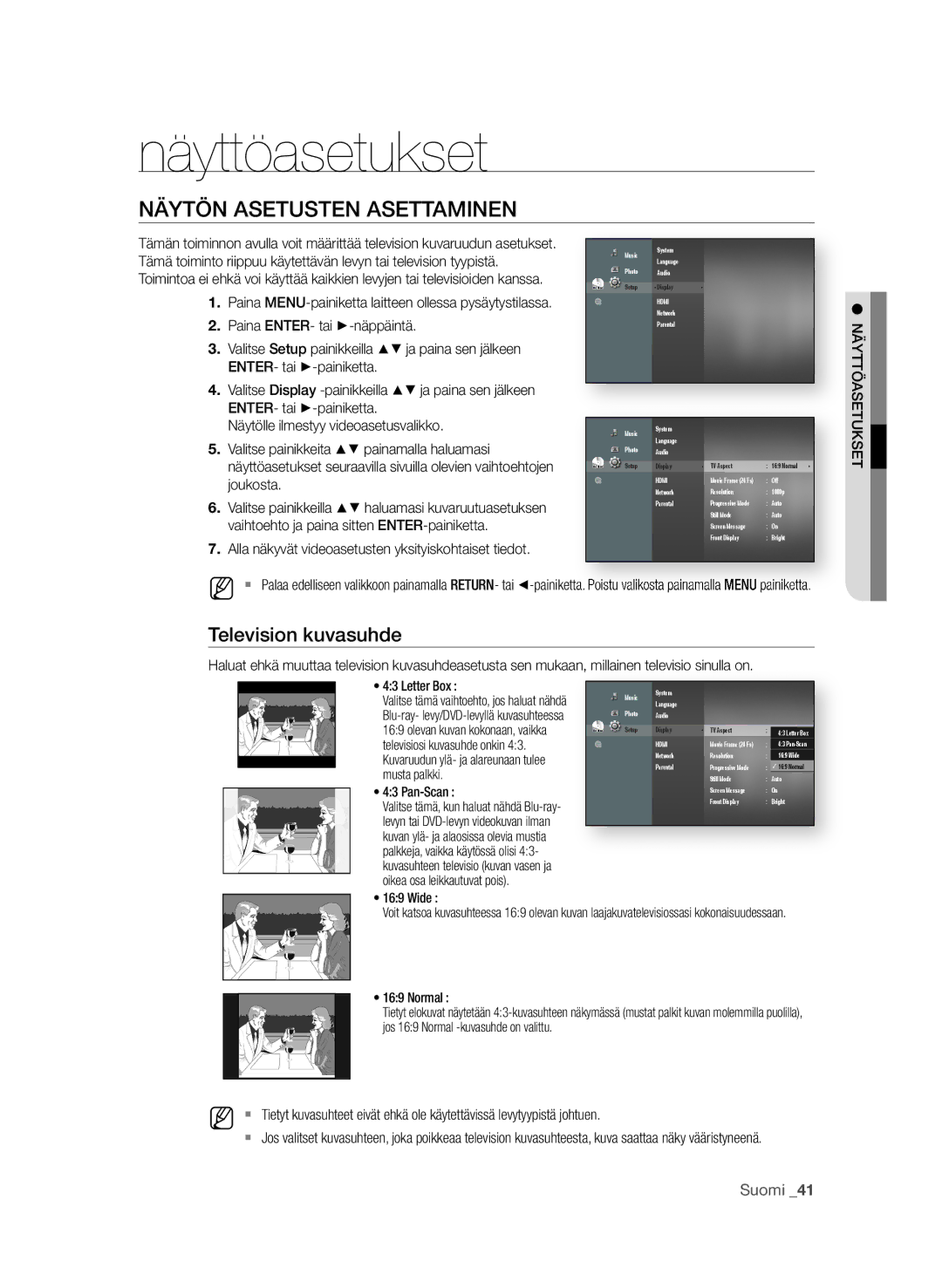 Samsung BD-P1600A/XEE, BD-P1650A/XEE manual Näyttöasetukset, NÄytÖN asEtustEN asEttaMiNEN, Television kuvasuhde, Suomi 1 